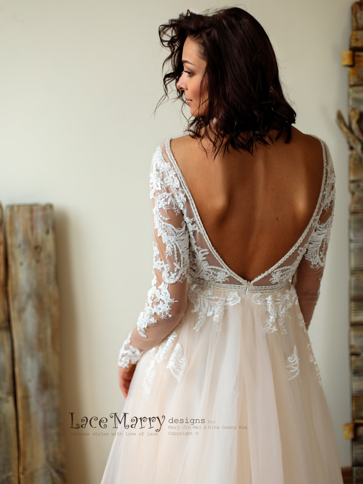 Deep V Cut Back Lace Wedding Dress