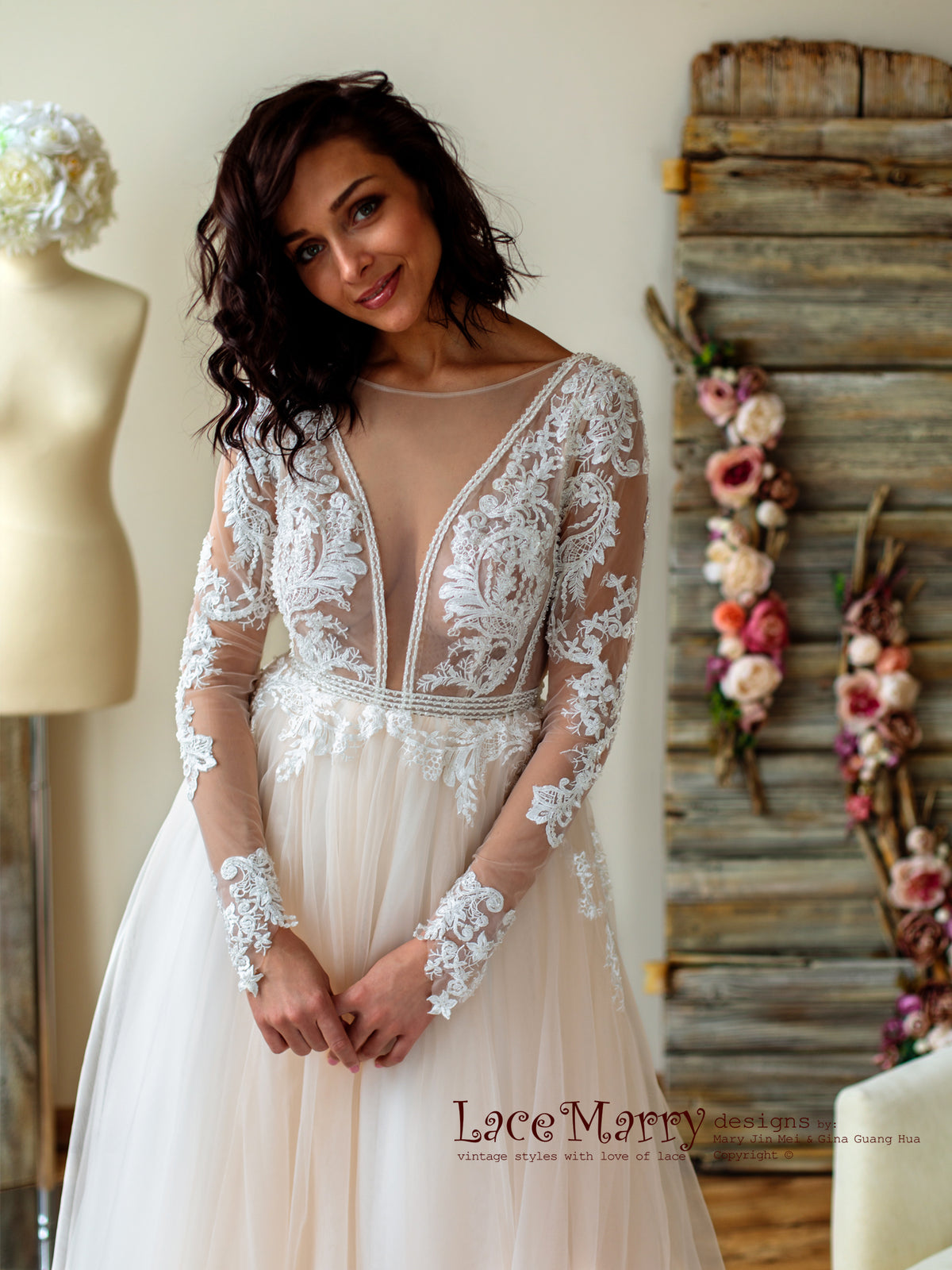 Deep Plunge Tulle Wedding Dress