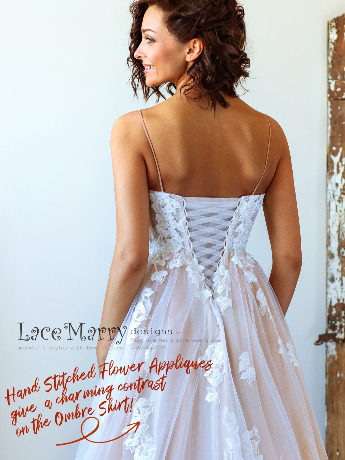 Corset Back Wedding Dress with Ivory Flower Appliques