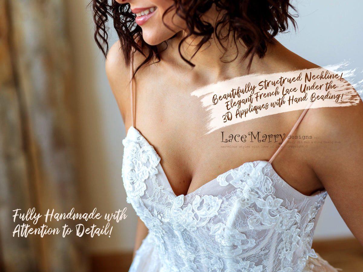 3D Appliques Wedding Dress with Sexy Neckline