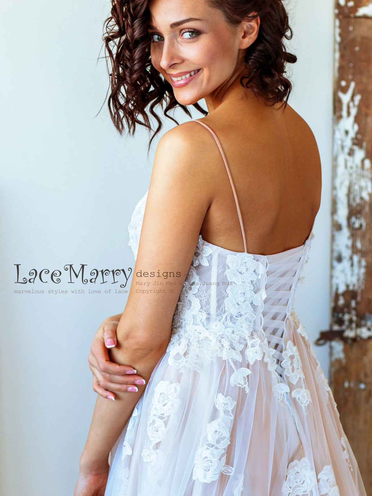 Ivory and Nude Wedding Dress with Thin Straps