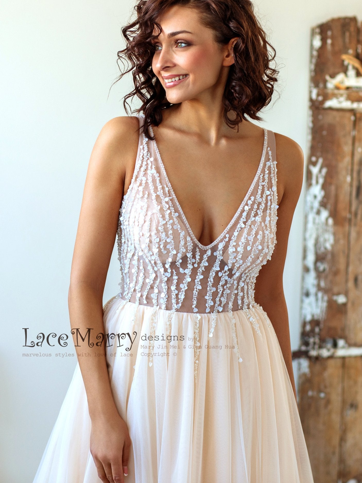 Nude Wedding Dress with Hand Beading