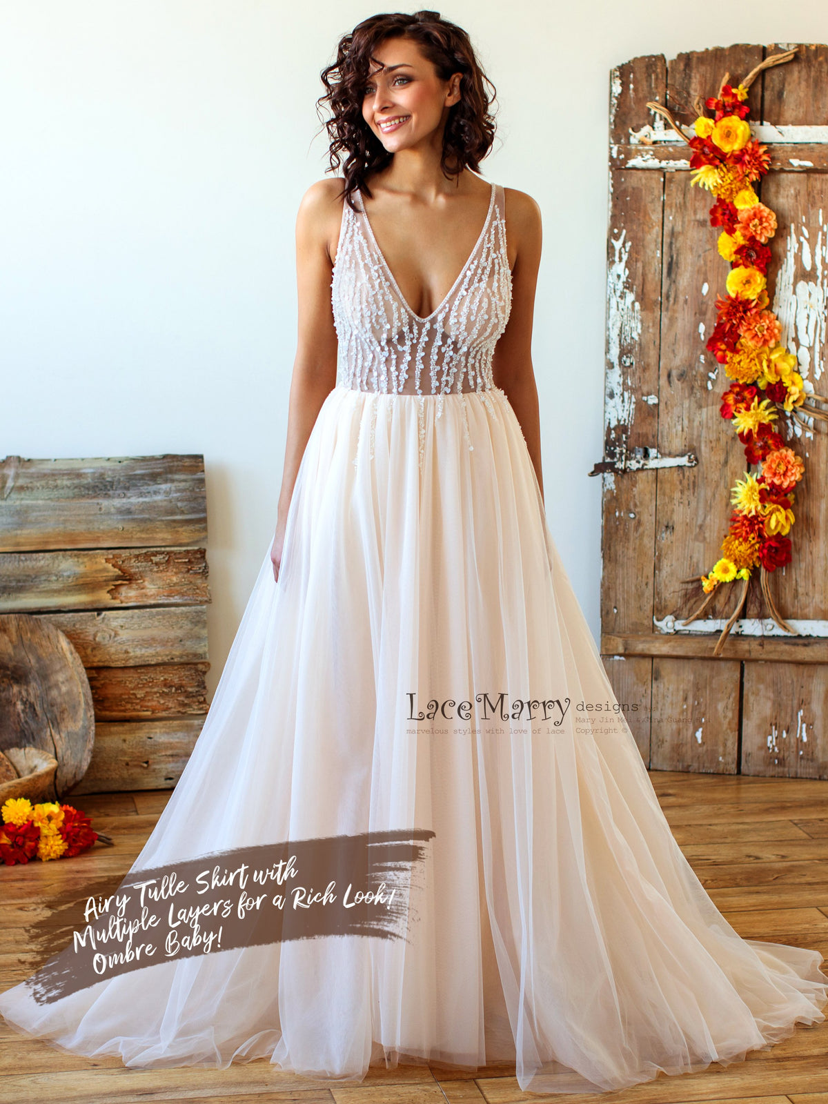 A Line Wedding Dress with Ombre Skirt