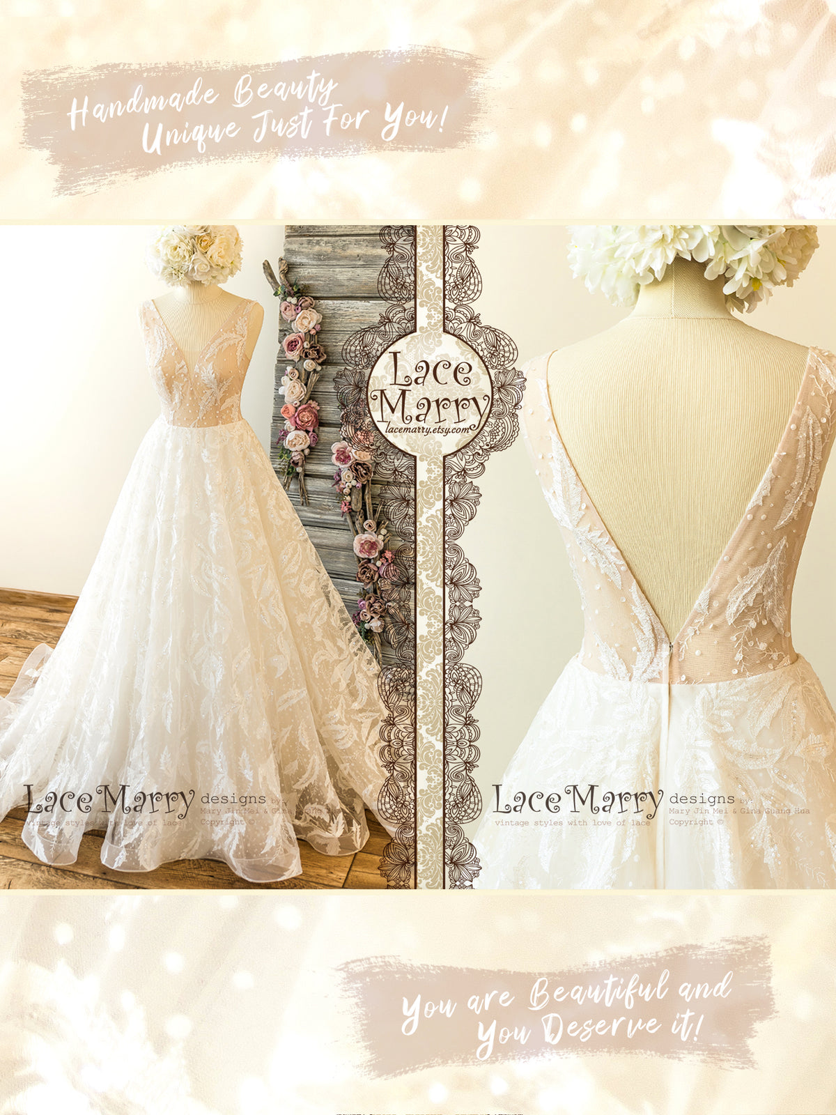 A Line Lace Wedding Dress with Feather Pattern