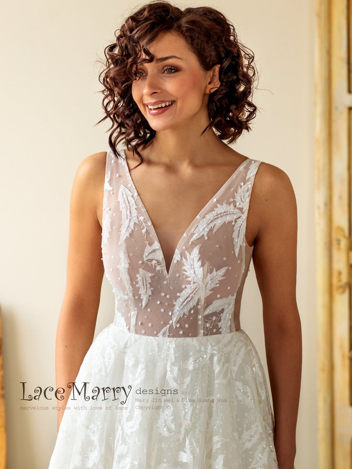 Sparkling Lace Wedding Dress with Deep V Neckline