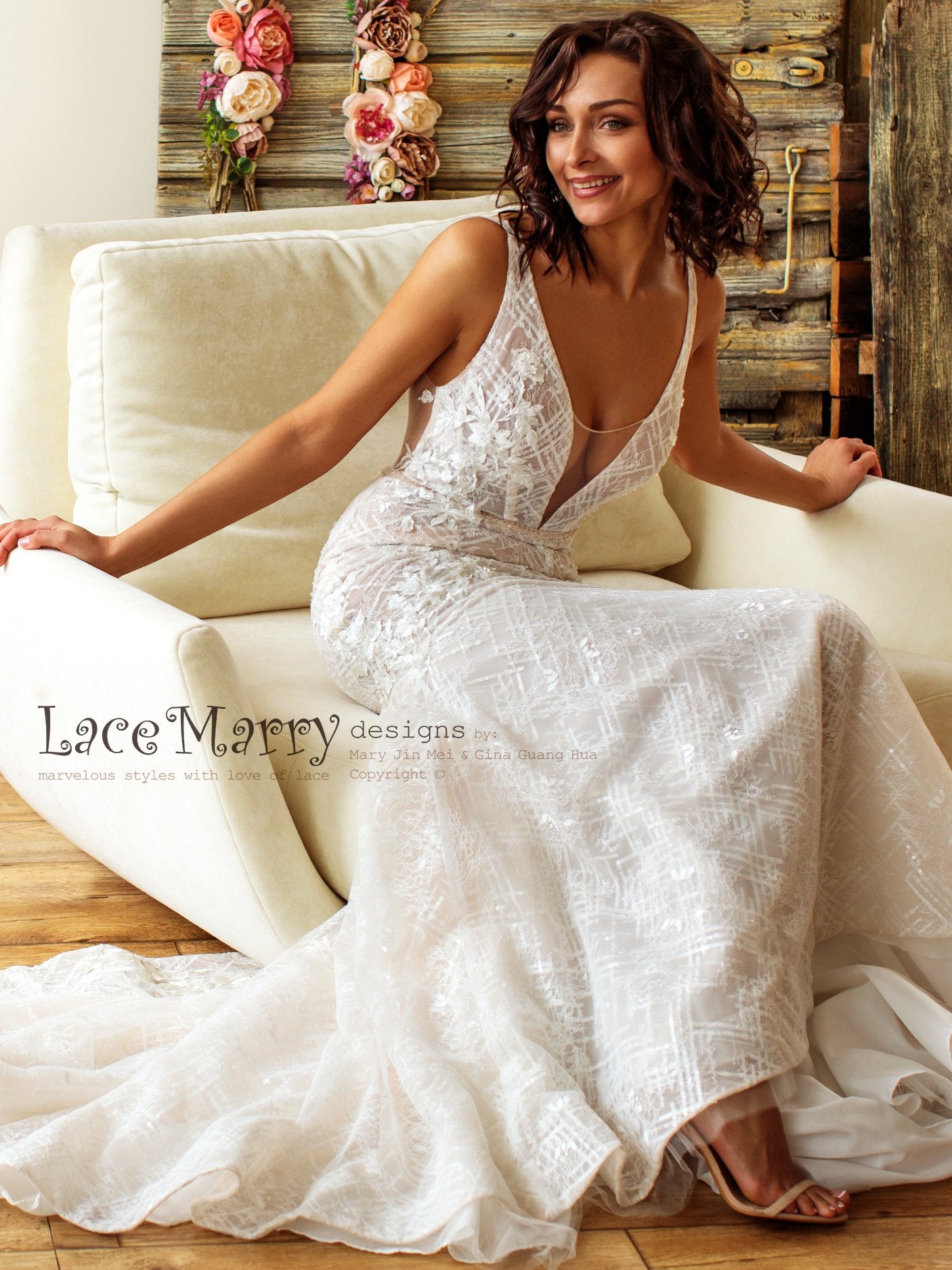 Geometric Sparkling Lace Wedding Dress - LaceMarry Geometric Sparkling Lace Wedding Dress - LaceMarry