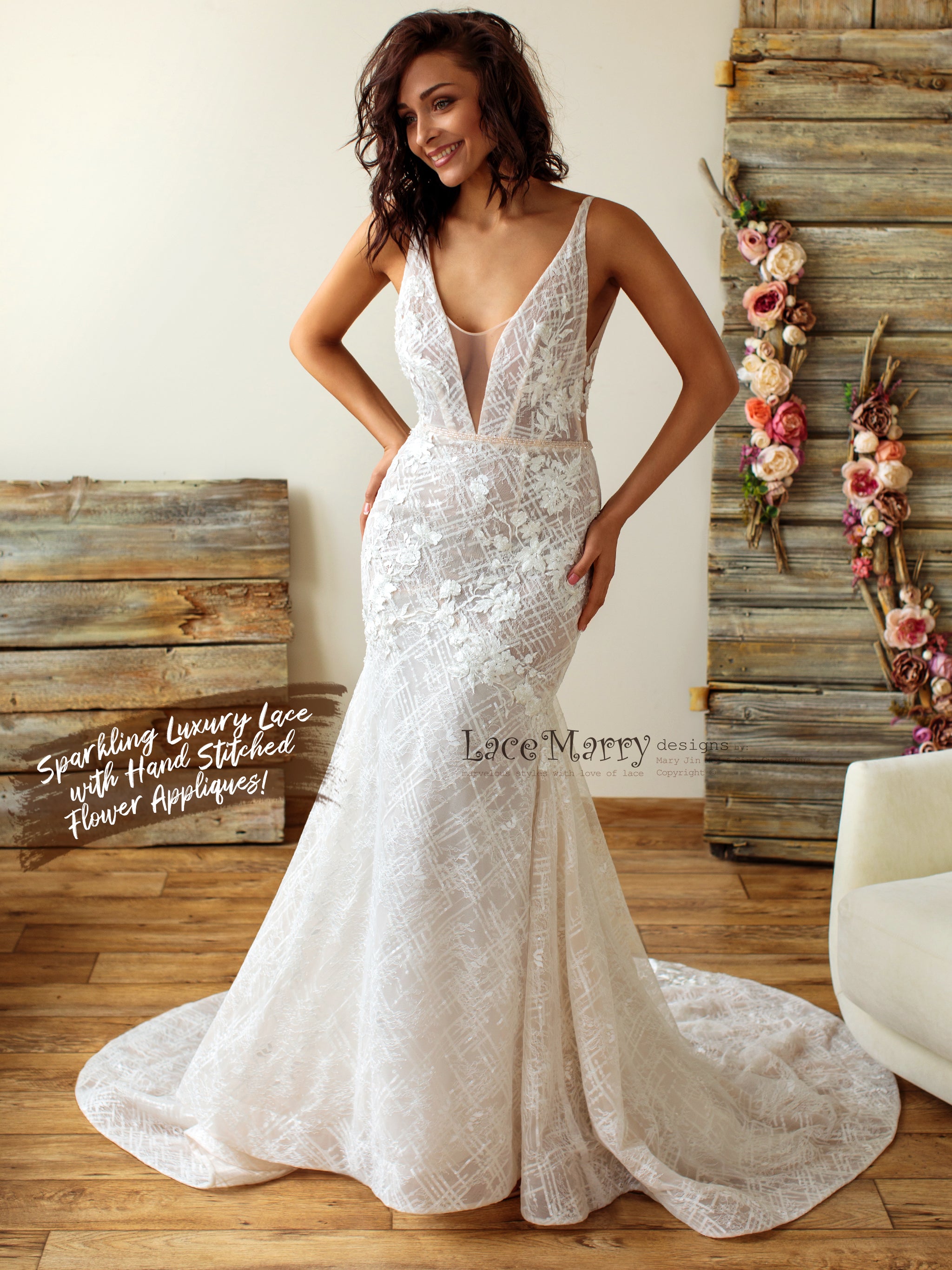 Geometric Sparkling Lace Wedding Dress