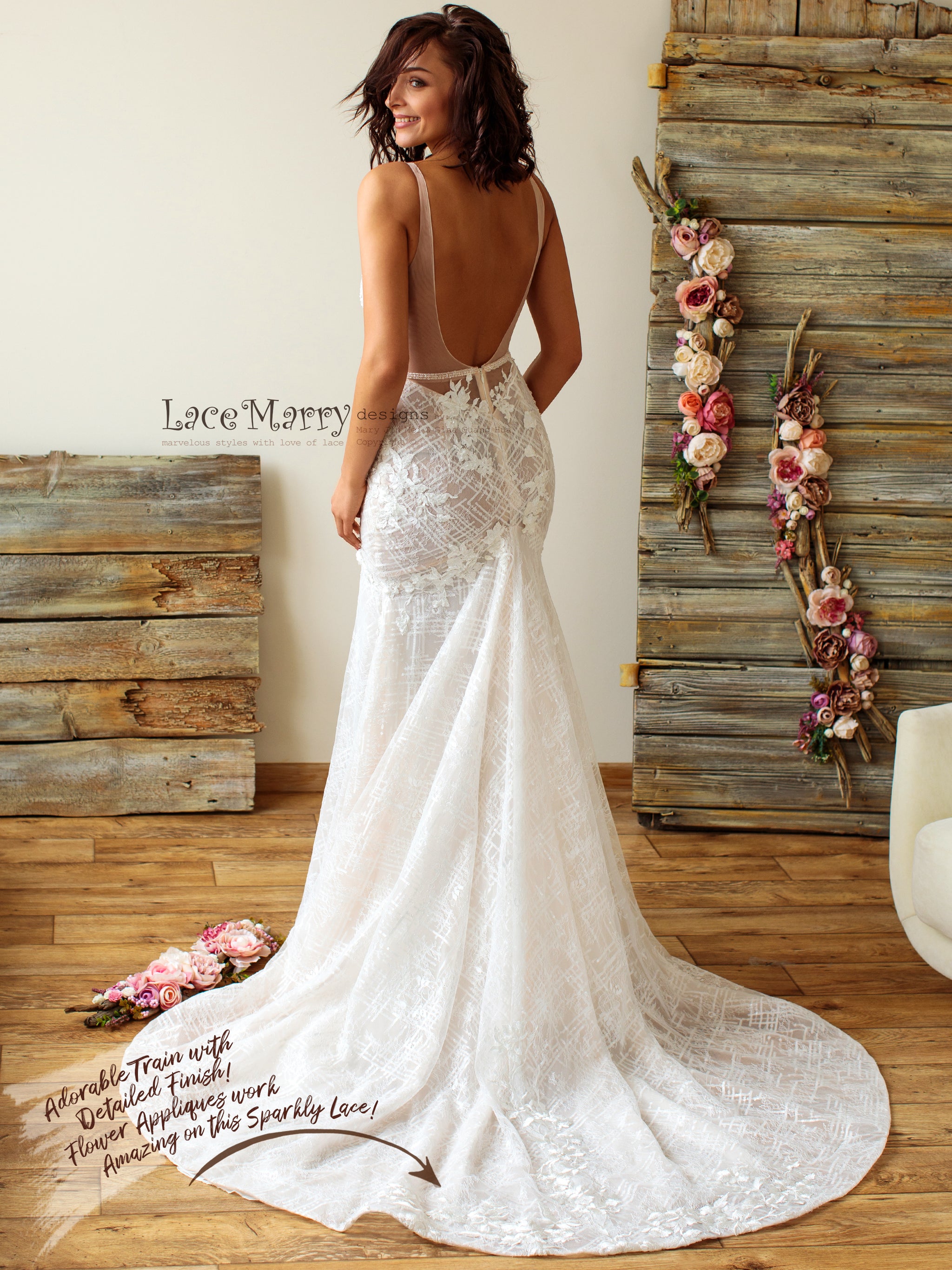 Geometric Sparkling Lace Wedding Dress - LaceMarry Geometric Sparkling Lace Wedding Dress - LaceMarry
