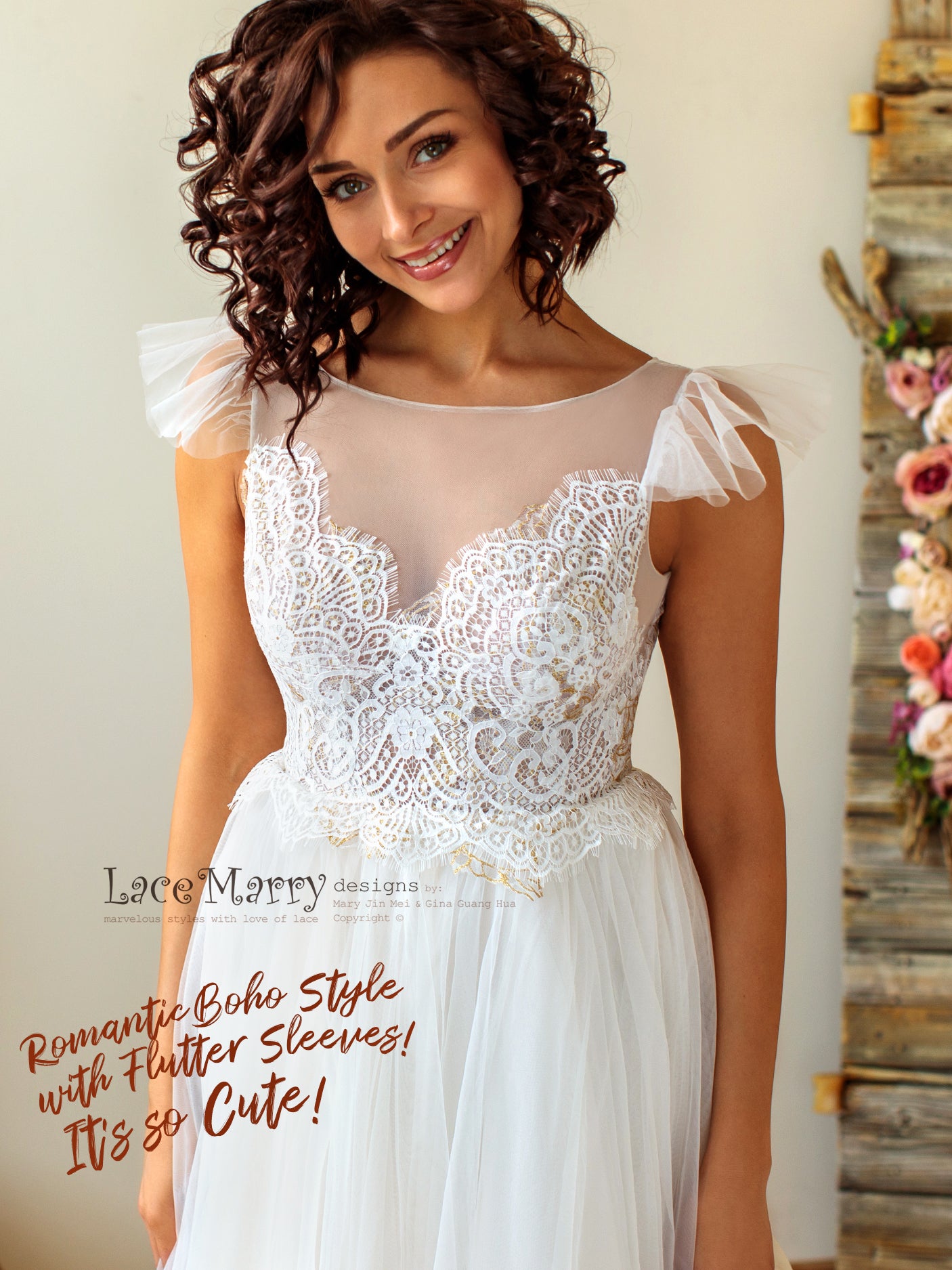 Romantic Boho Wedding Dress with Scalloped Lace Top LaceMarry