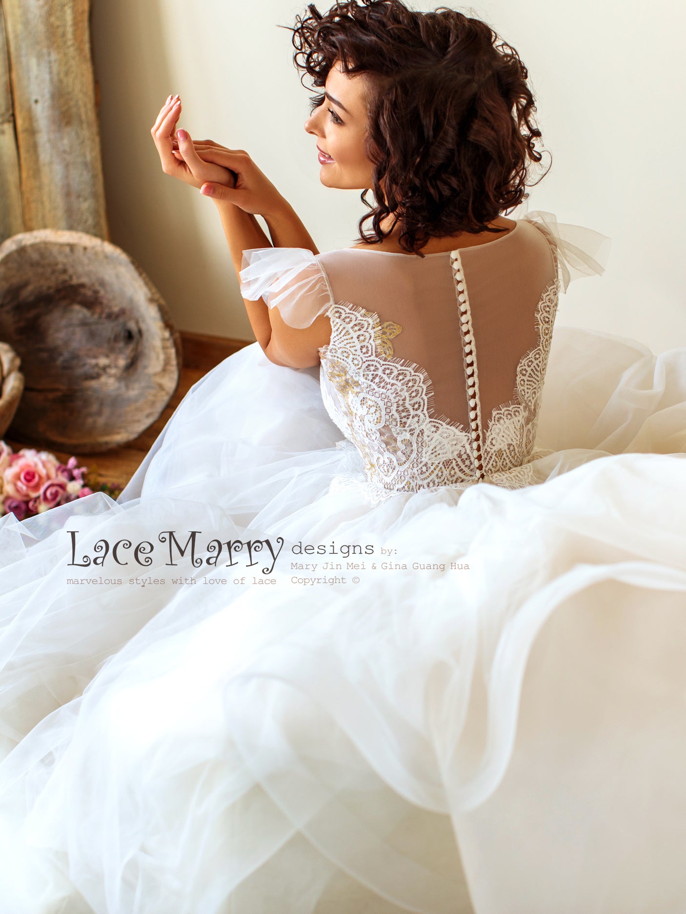 Romantic Boho Wedding Dress with Scalloped Lace Top LaceMarry