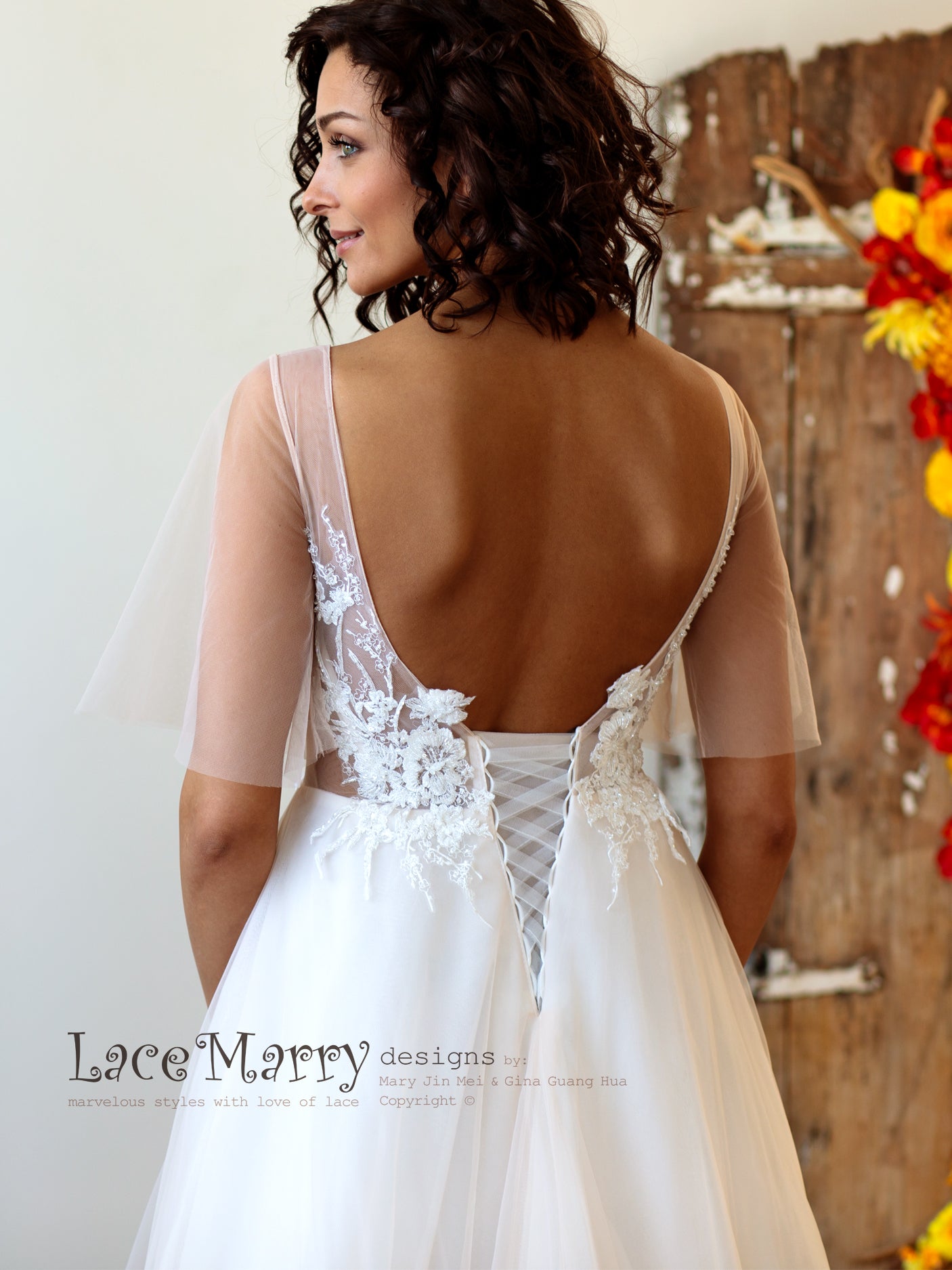 Bohemian Tulle Wedding Dress in Nude Color - LaceMarry