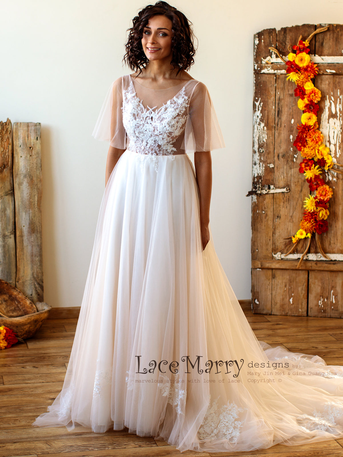A Line Tulle Skirt Boho Wedding Dress