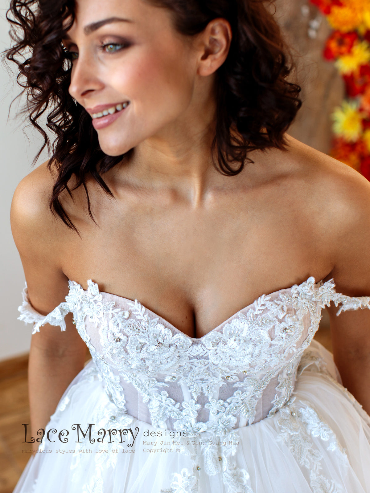 Off shoulder top strap wedding dress
