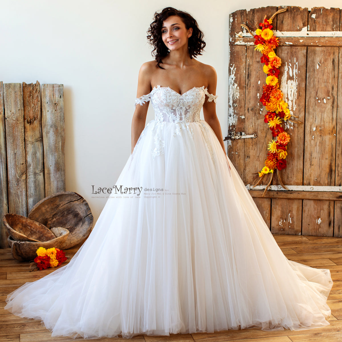 Amazing A Line Wedding Dress with Tulle Skirt and Off Shoulders