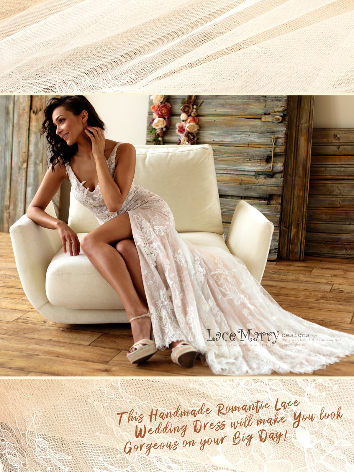 Fitted Lace Wedding Dress with Slit from French Lace - LaceMarry Fitted Lace Wedding Dress with Slit from French Lace - LaceMarry