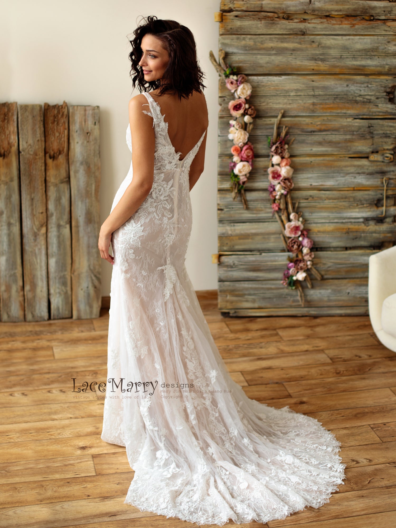 Fitted Lace Wedding Dress with Slit from French Lace - LaceMarry Fitted Lace Wedding Dress with Slit from French Lace - LaceMarry