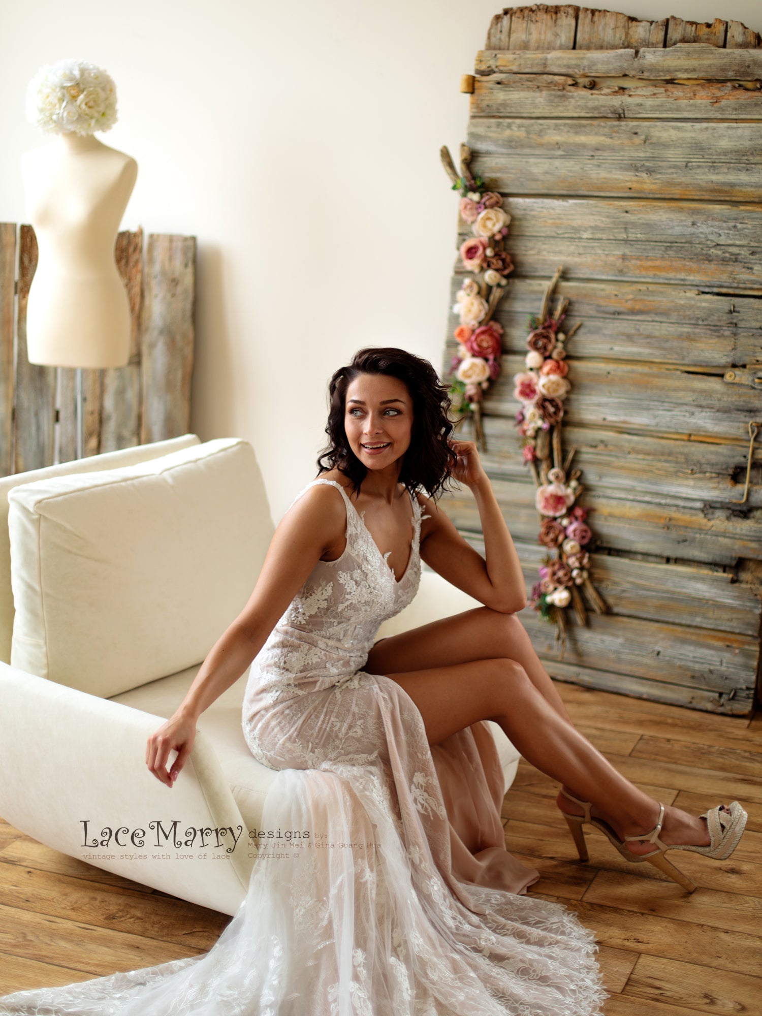 Fitted Lace Wedding Dress with Slit from French Lace - LaceMarry Fitted Lace Wedding Dress with Slit from French Lace - LaceMarry