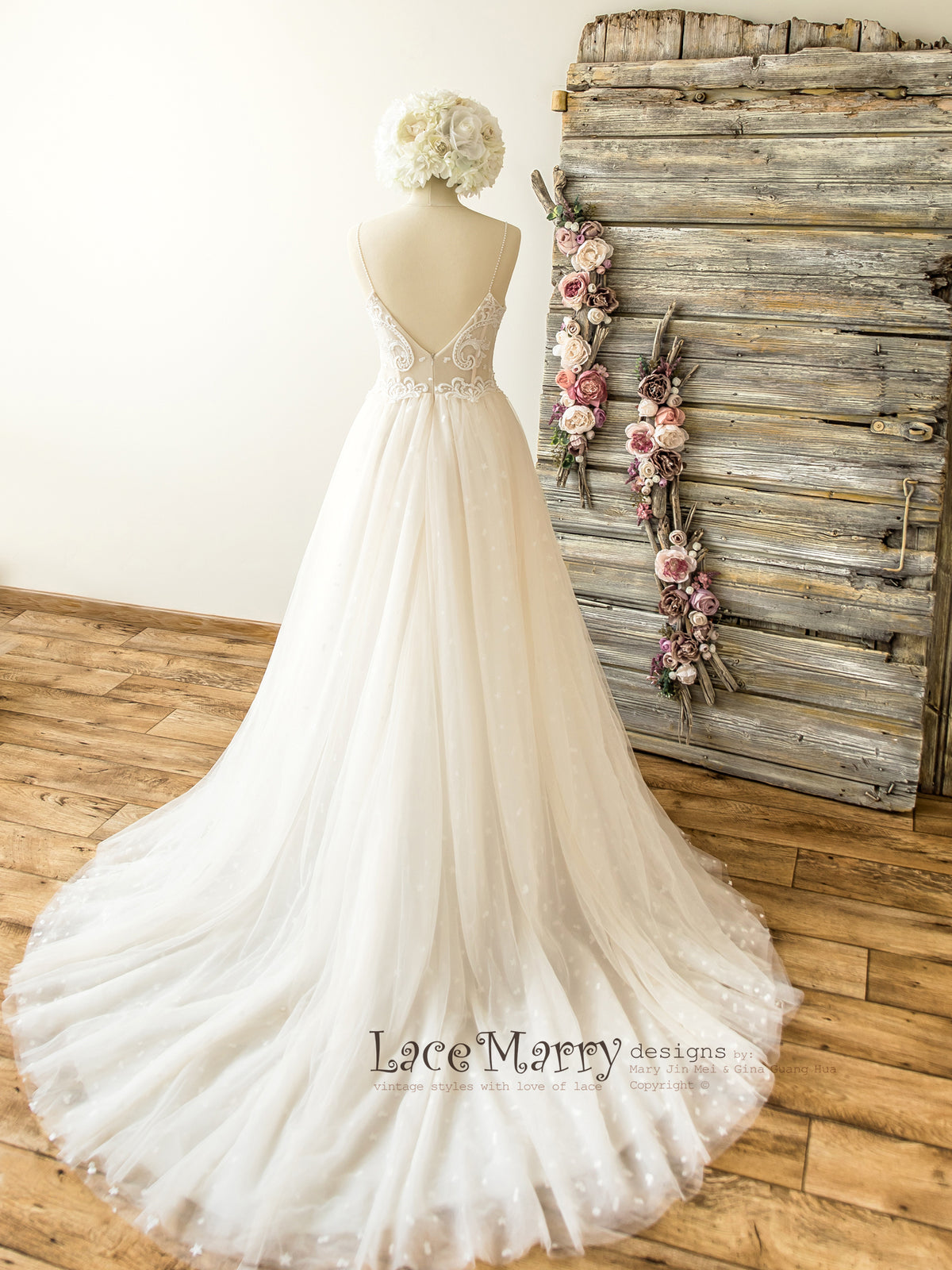 Deep V-Cut Open Back Wedding Dress with Tulle A-Line Skirt