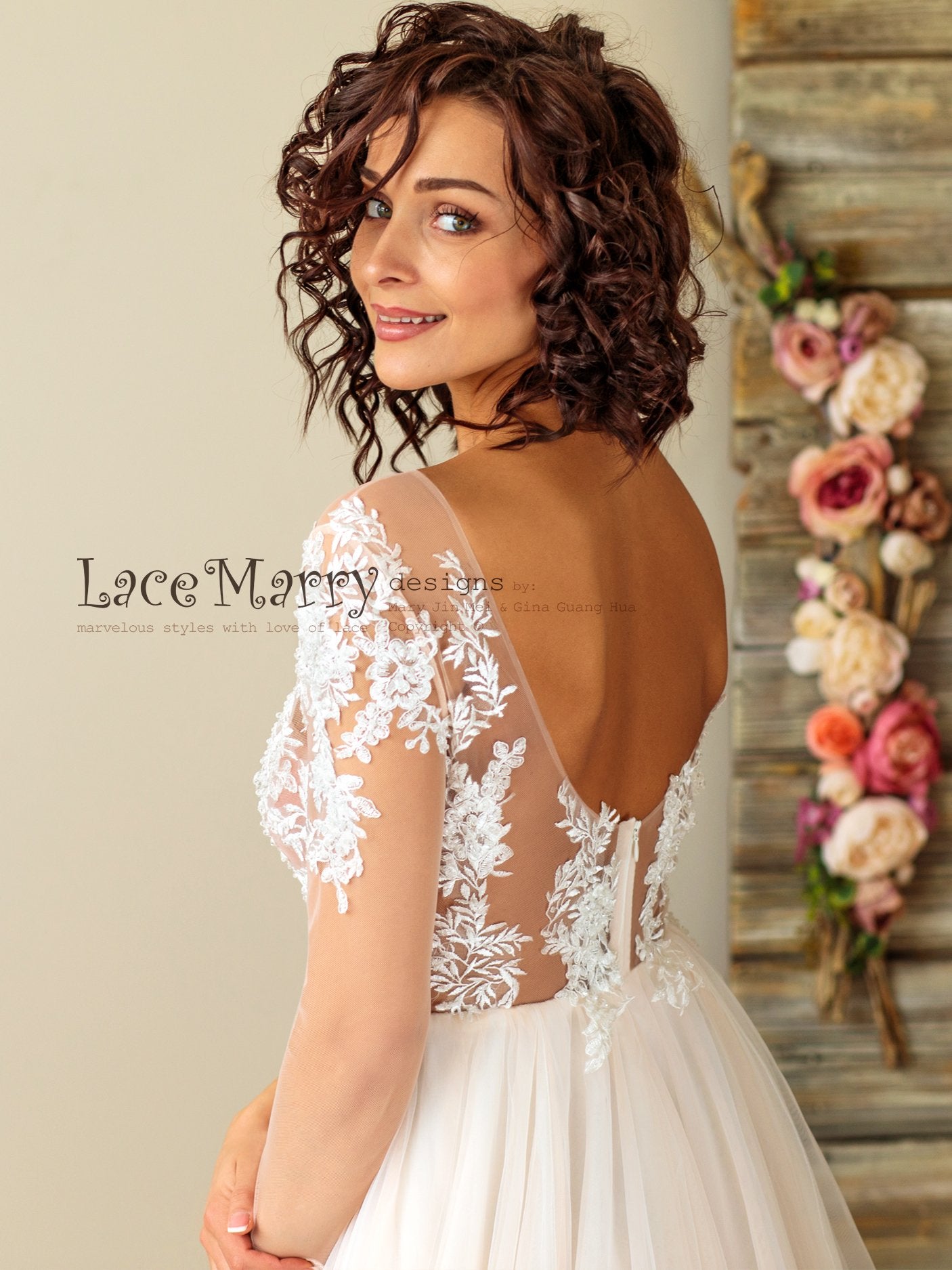 white christmas dresses Long Sleeves Boho Wedding Dress with Tattoo Design