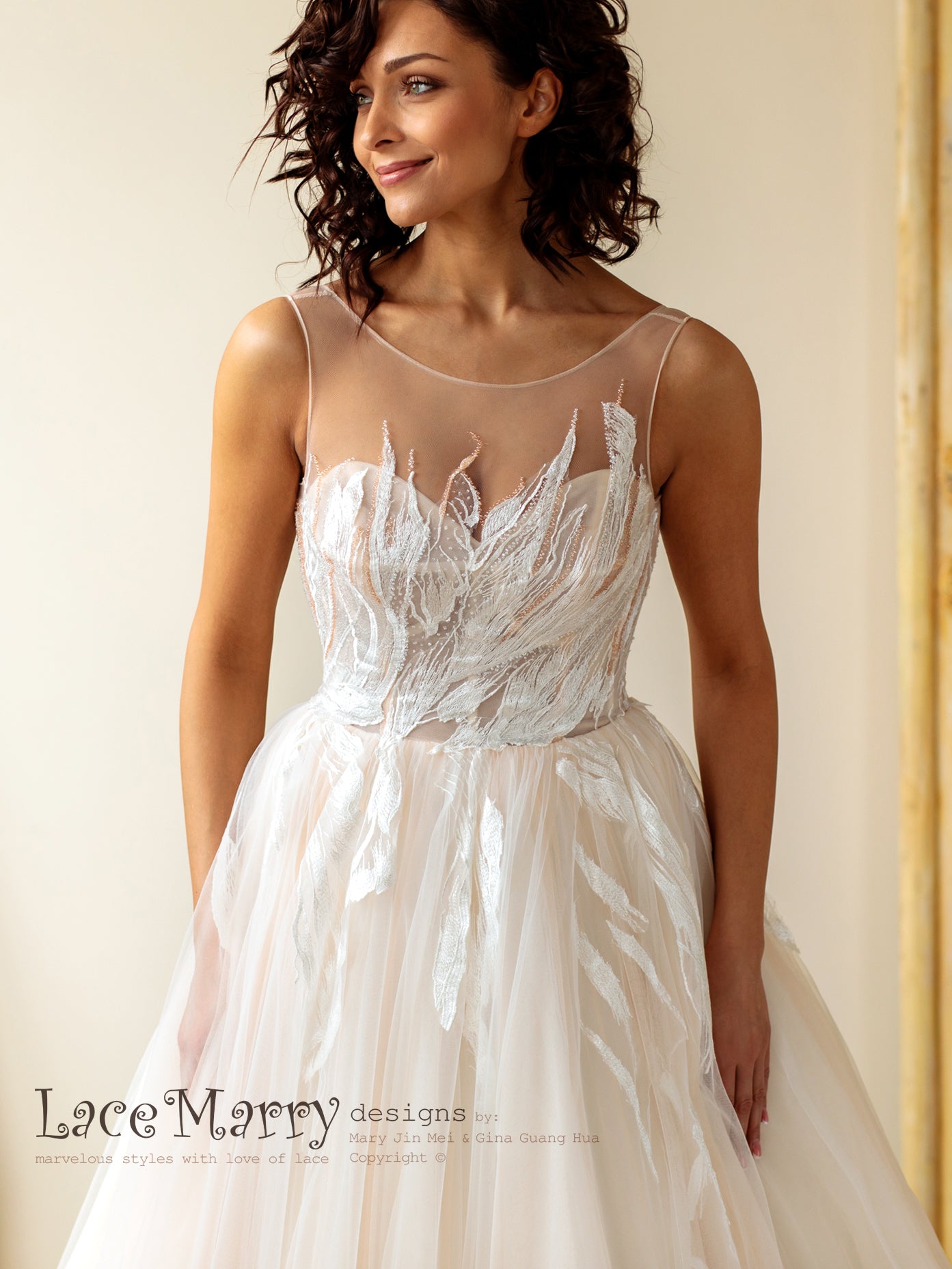 Unique Summer Wedding Dress with Feather Abstract Appliques - LaceMarry