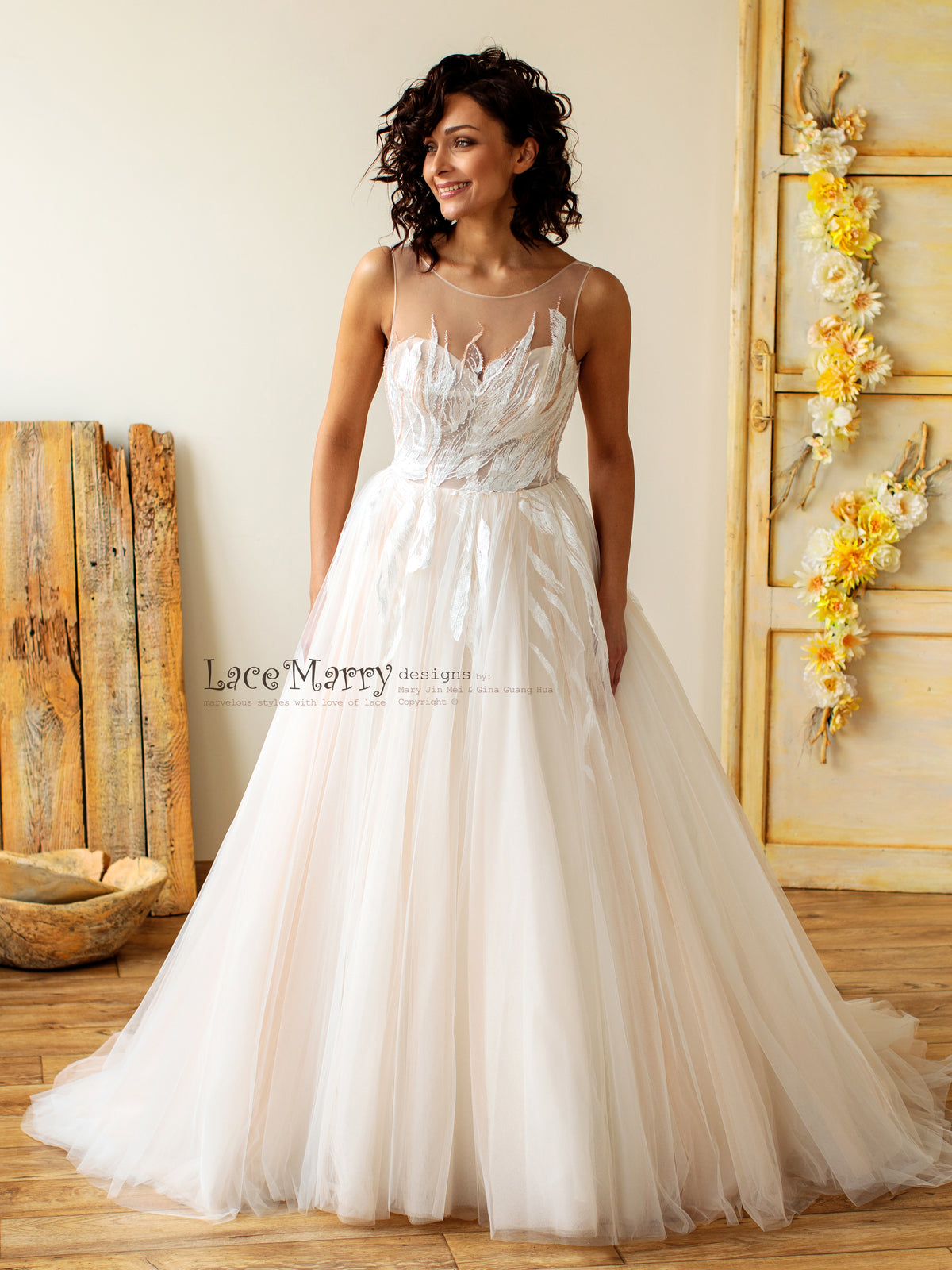 Princess Wedding Dress with Feather Appliques