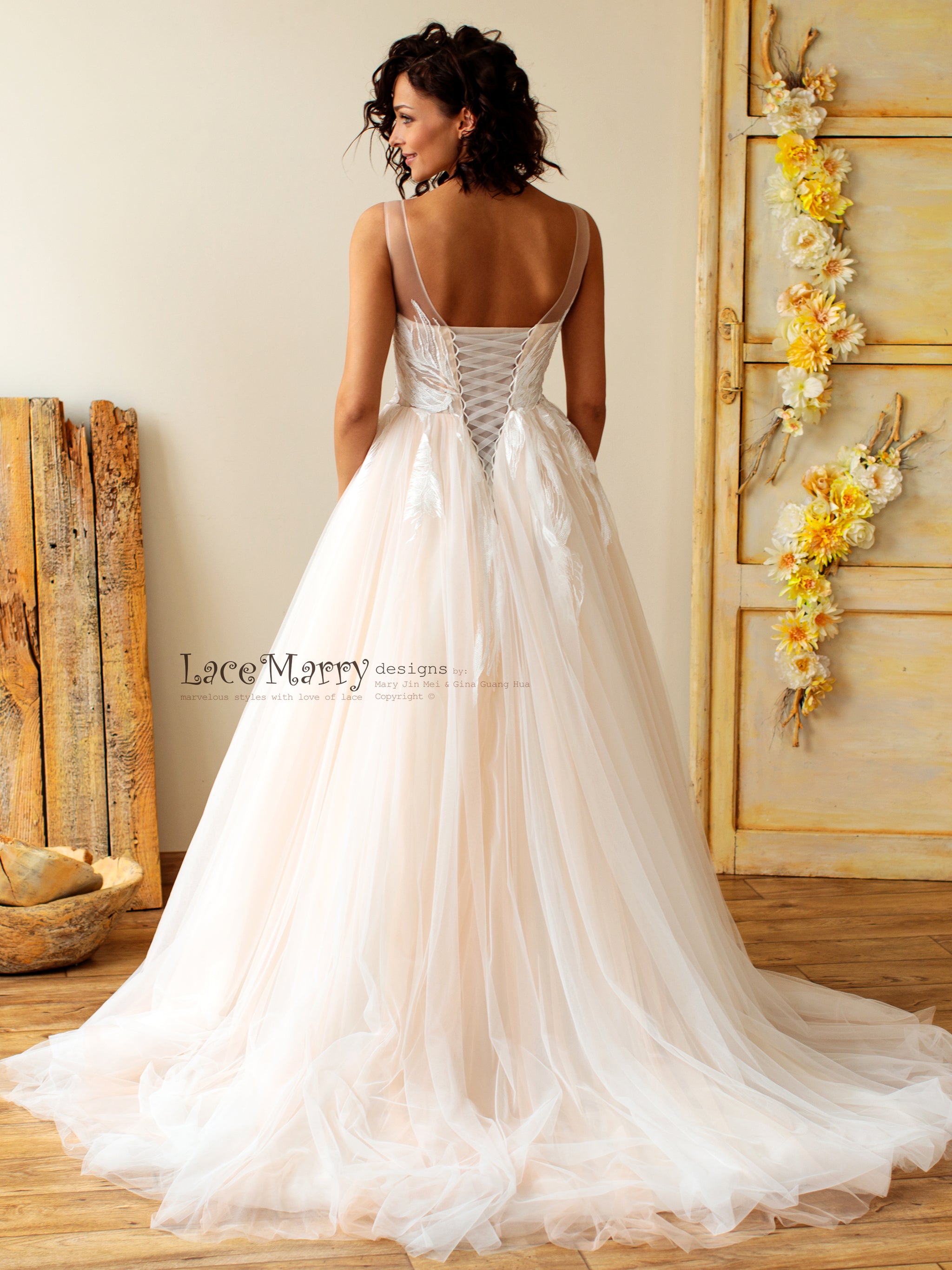 Unique Summer Wedding Dress with Feather Abstract Appliques LaceMarry