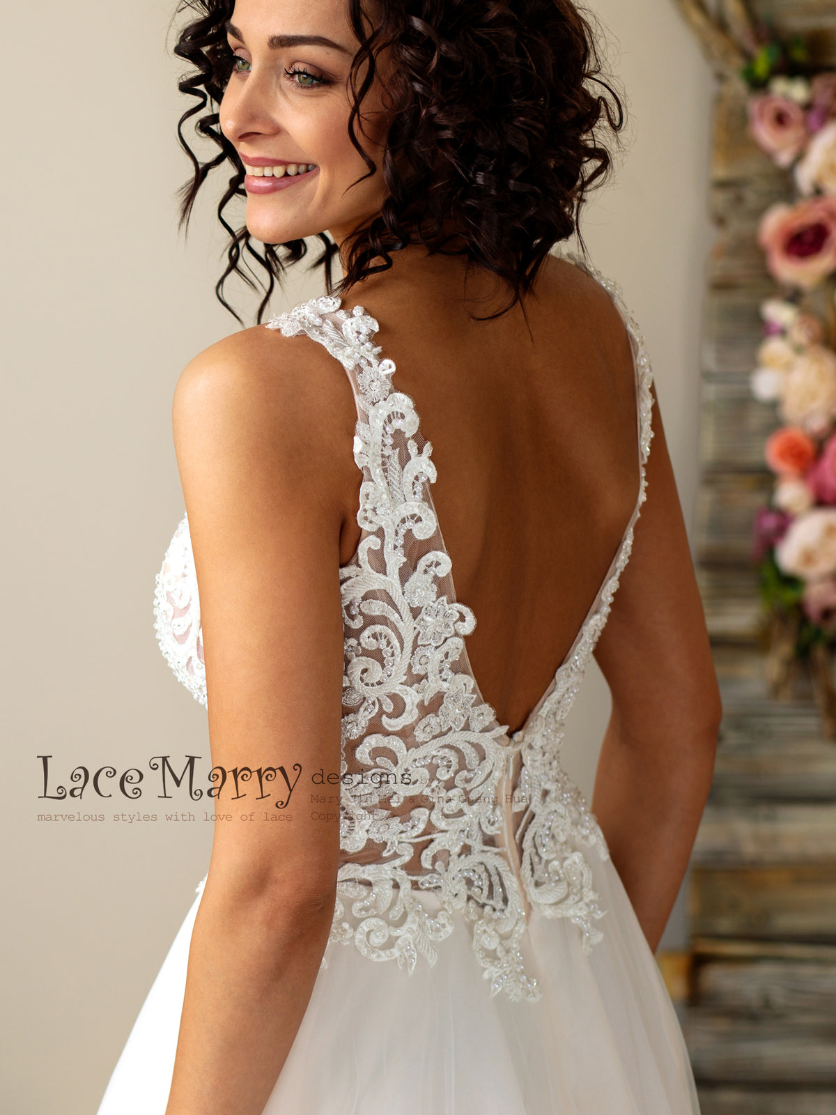 V Cut Back Wedding Dress with Sparkly Beading