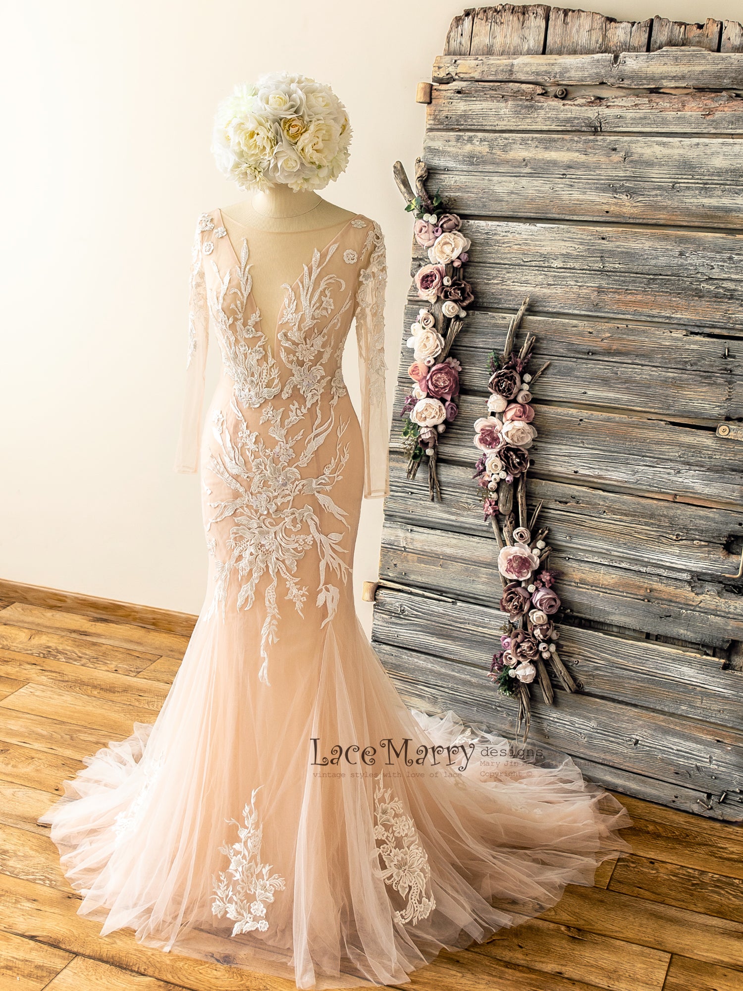 Amazing Lace Wedding Dress with Handmade Beading and Long Sleeves - LaceMarry Amazing Lace Wedding Dress with Handmade Beading and Long Sleeves - LaceMarry
