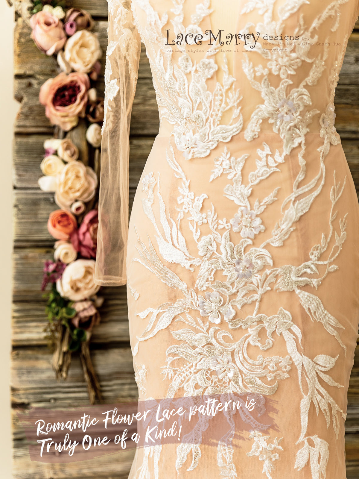 Nude Wedding Dress with Floral Lace Appliques and Beading