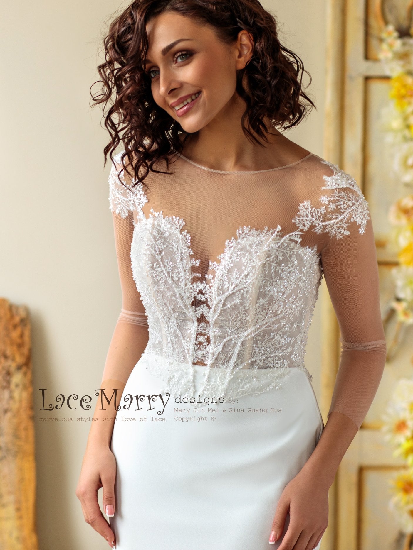Sheath Boho Wedding Dress with Illusion Top and Long Sleeves - LaceMarry