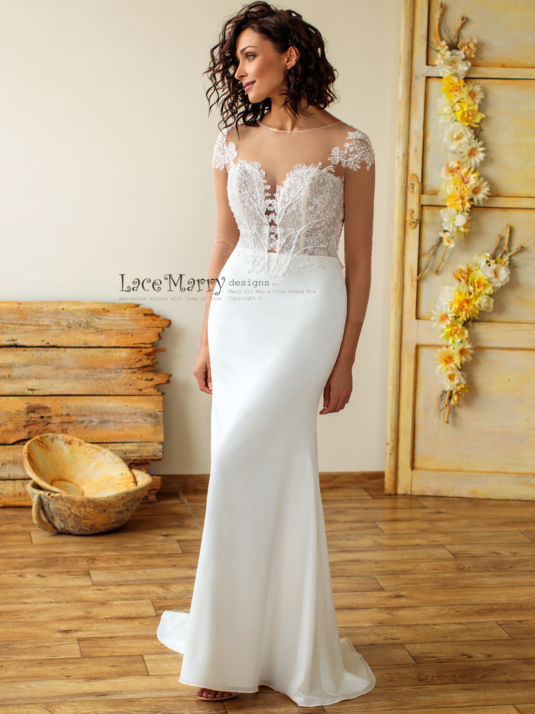 Sheath Boho Wedding Dress with Illusion Top and Long Sleeves - LaceMarry Sheath Boho Wedding Dress with Illusion Top and Long Sleeves - LaceMarry