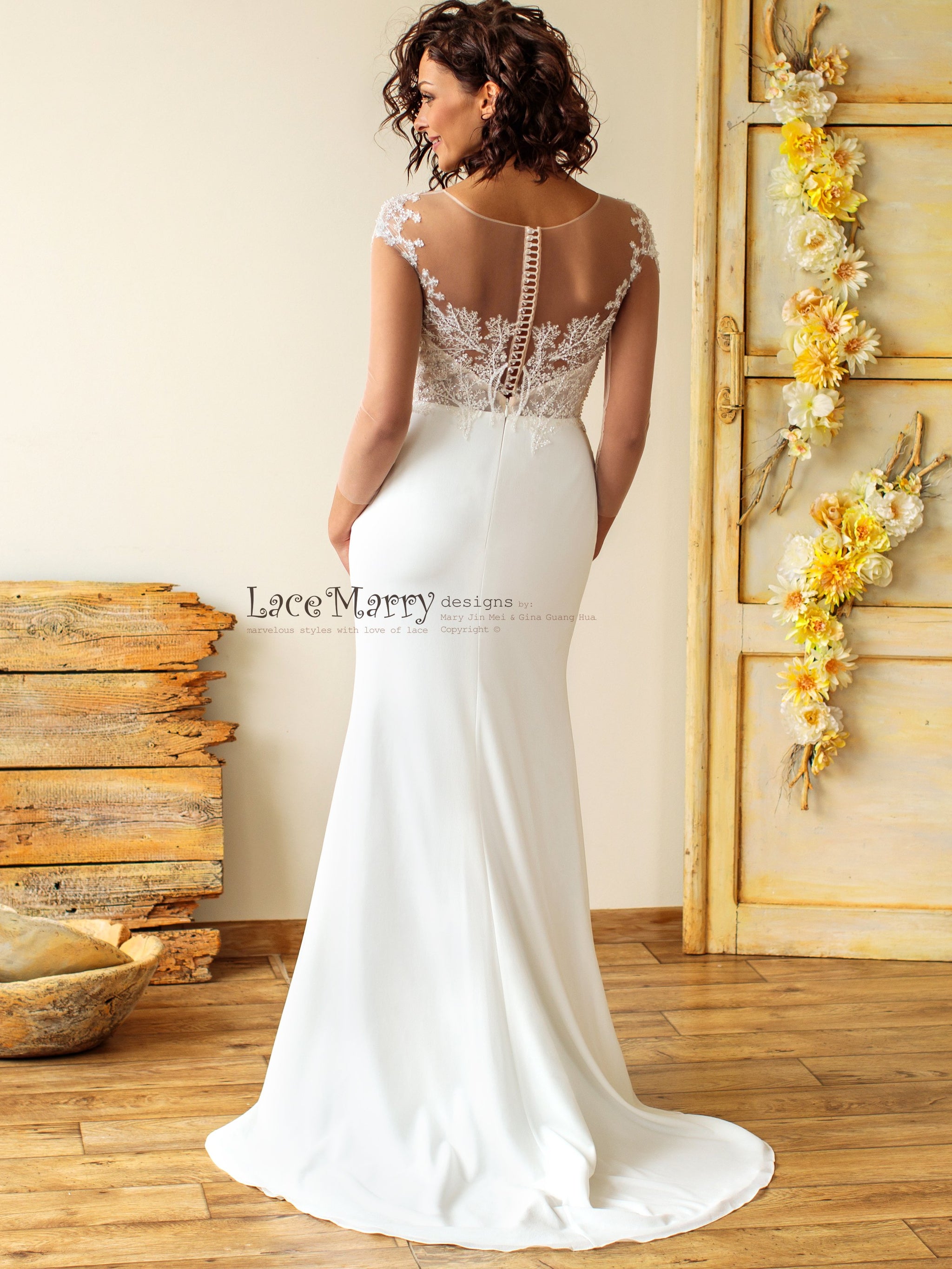 sheath wedding dress Sheath Boho Wedding Dress with Illusion Top and Long Sleeves