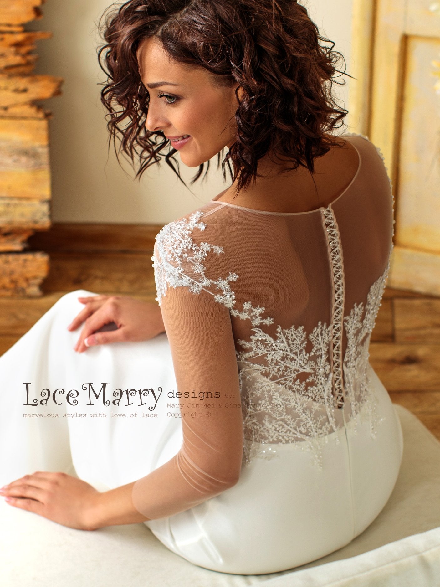 Sheath Boho Wedding Dress with Illusion Top and Long Sleeves LaceMarry