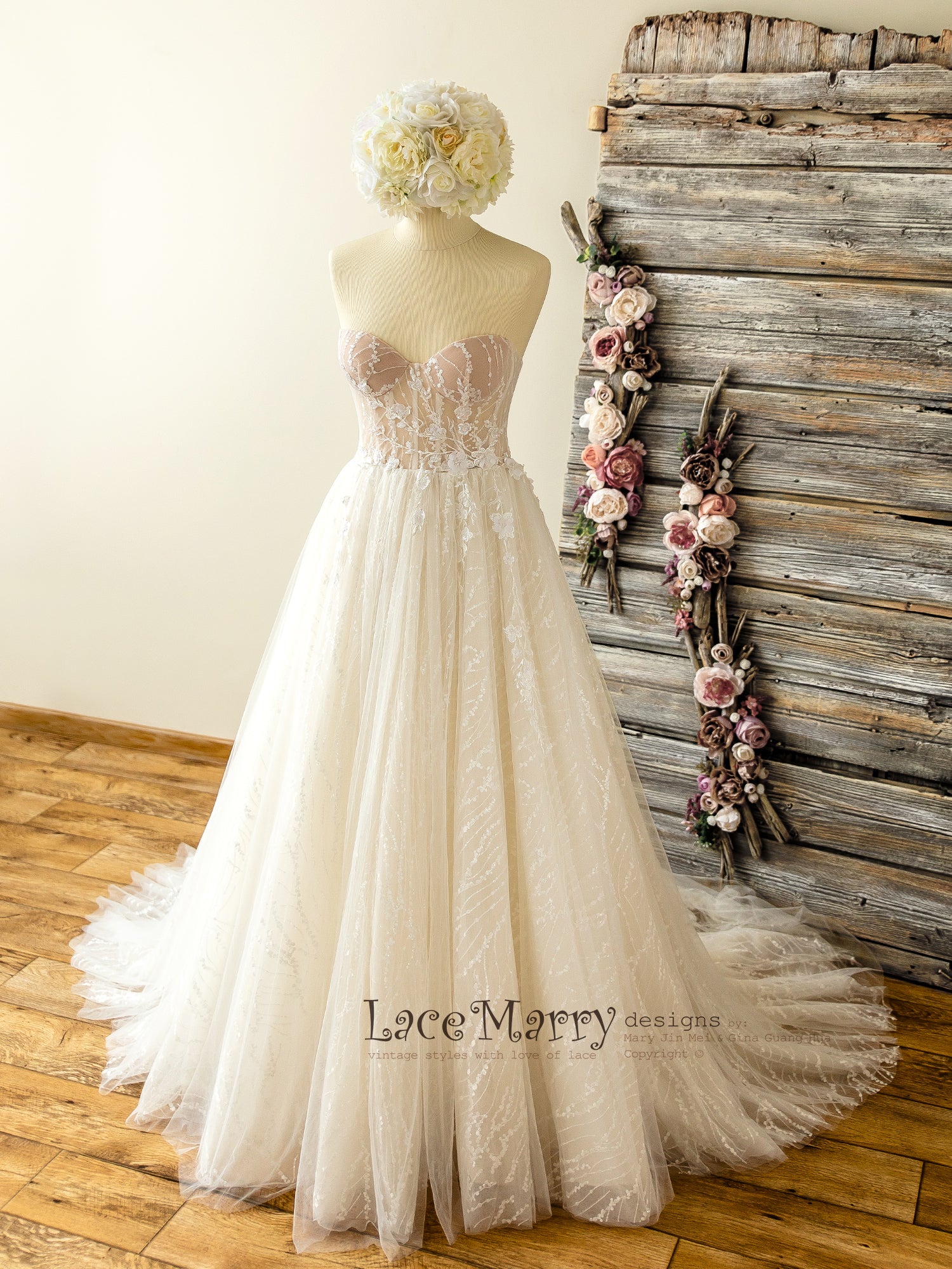 Sparkly Lace Wedding Dress with Strapless Bustier Neckline - LaceMarry