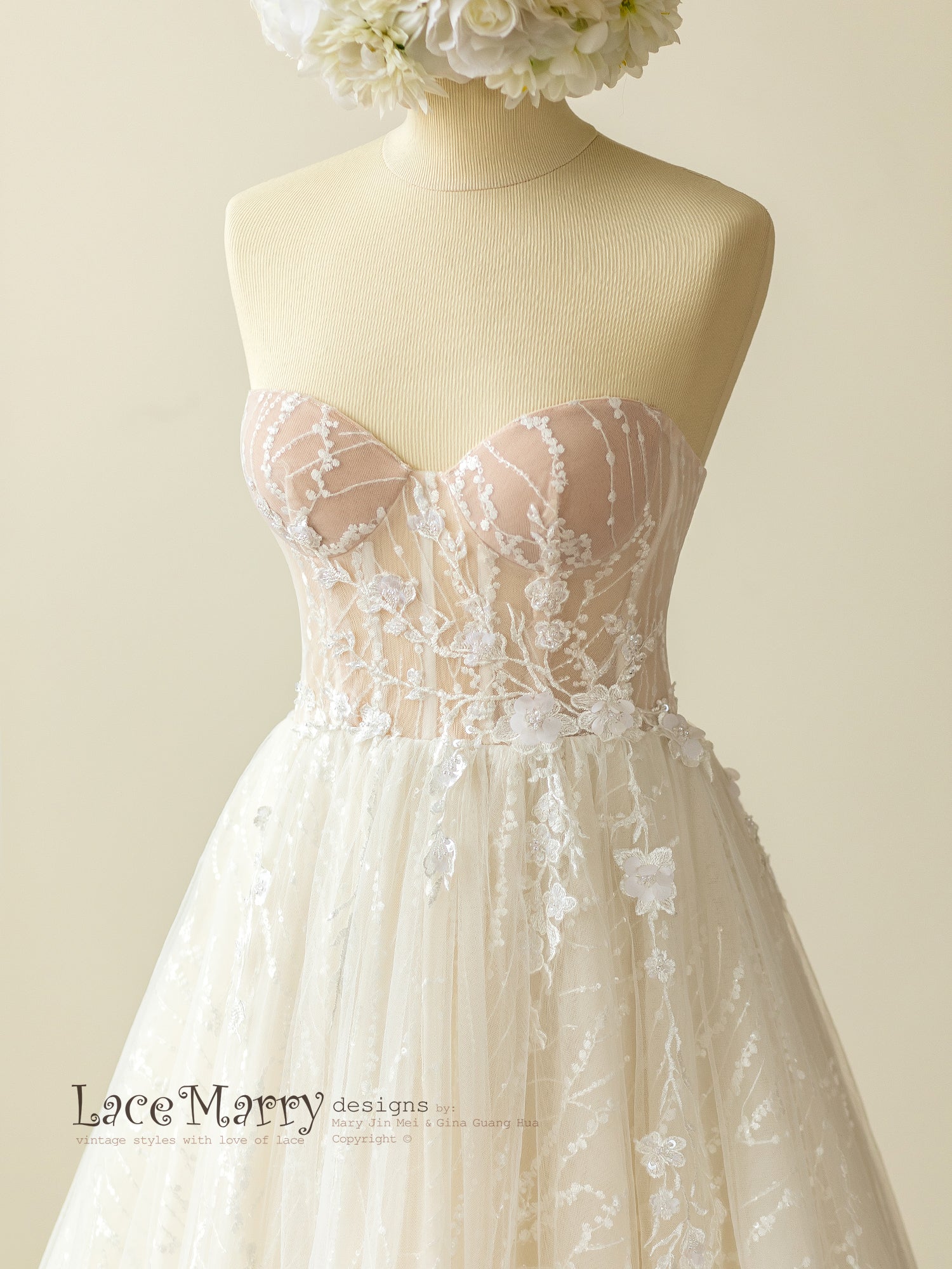 Sparkly Lace Wedding Dress with Strapless Bustier Neckline - LaceMarry