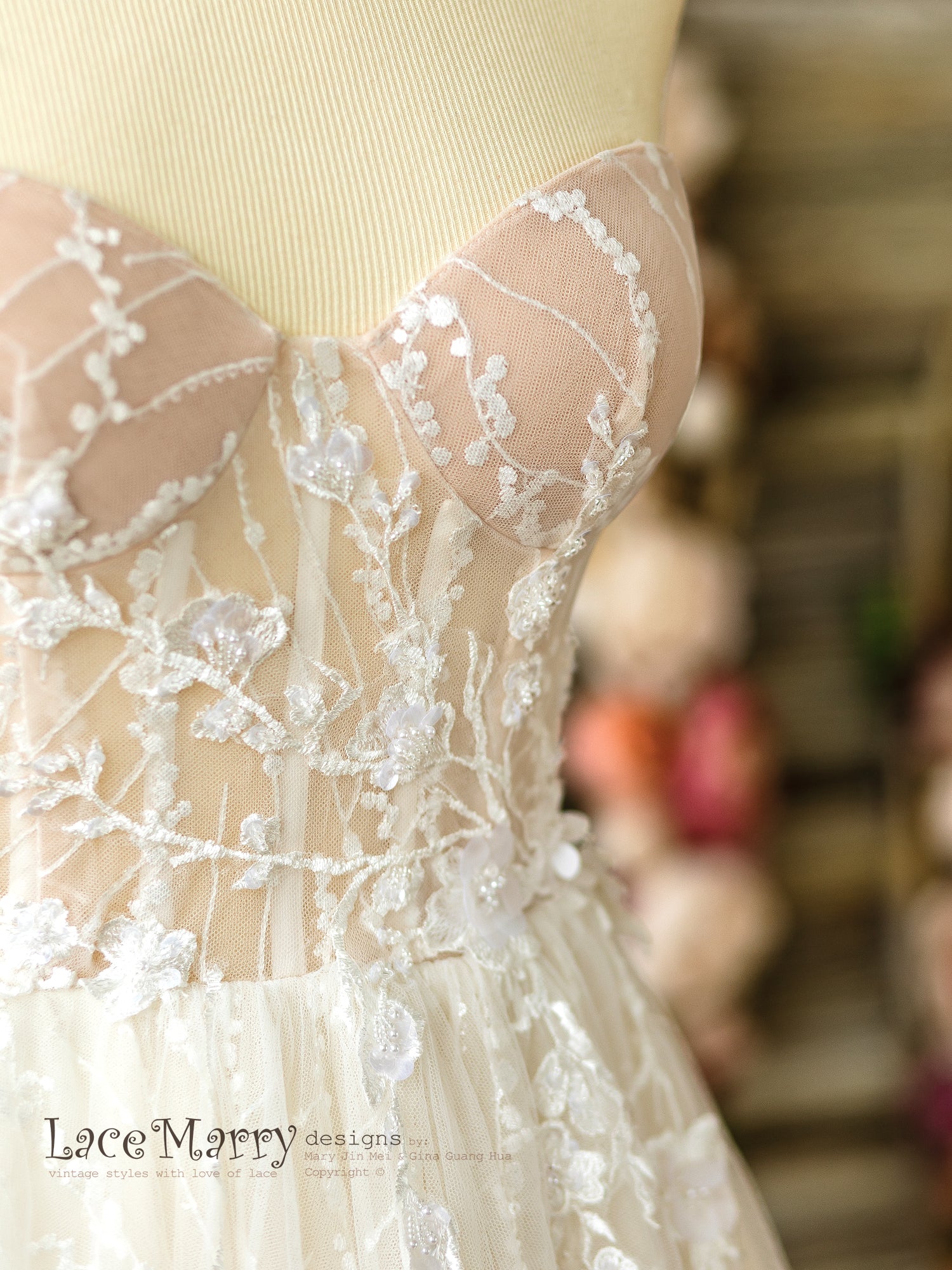 Sparkly Lace Wedding Dress with Strapless Bustier Neckline - LaceMarry Sparkly Lace Wedding Dress with Strapless Bustier Neckline - LaceMarry