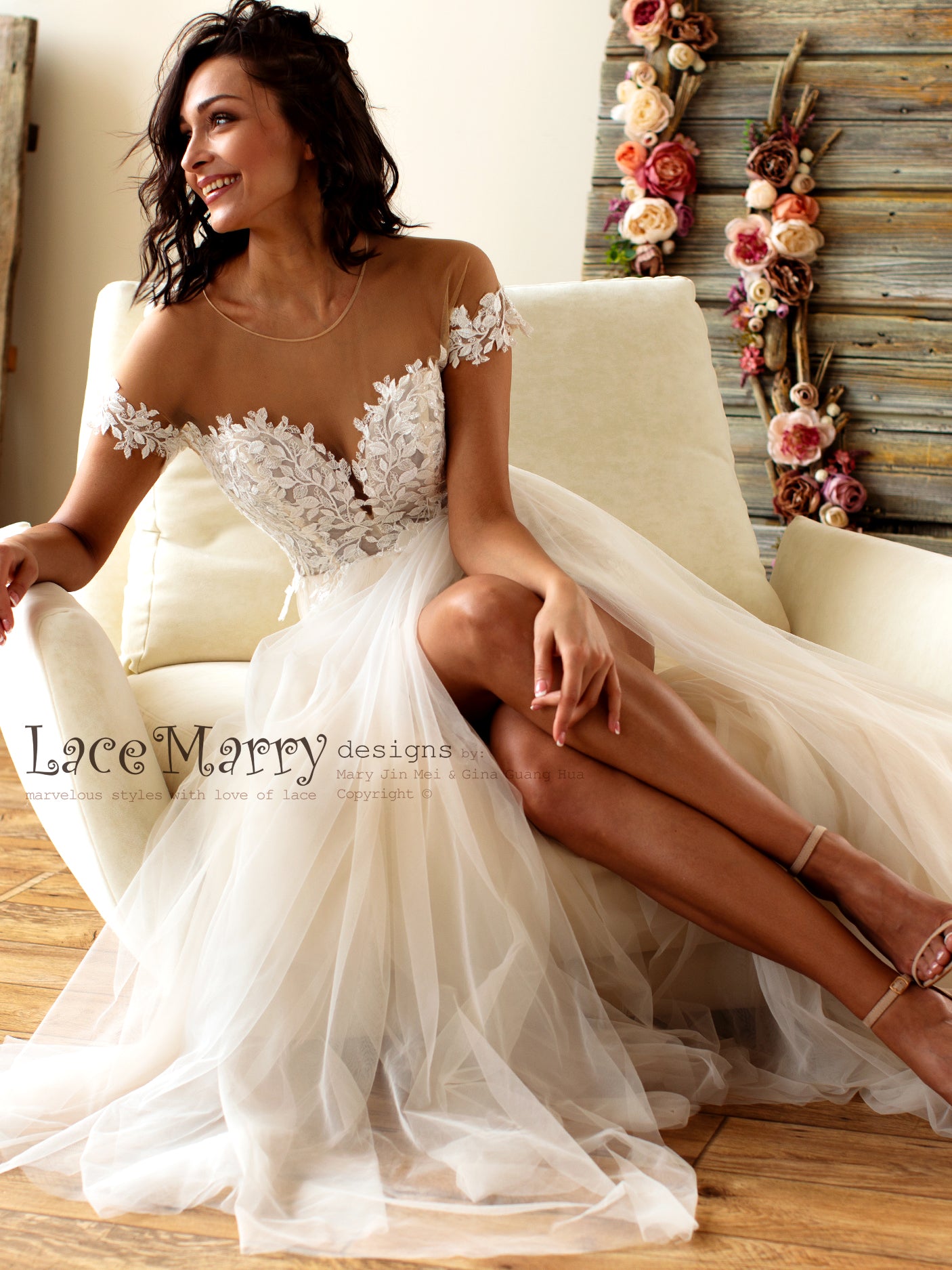 Boho Lace Wedding Dress with Illusion Off Shoulder Cap Sleeves