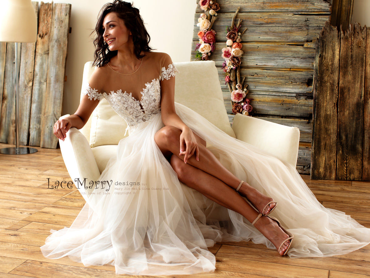 Boho Lace Wedding Dress with Illusion Off Shoulder Cap Sleeves - LaceMarry Boho Lace Wedding Dress with Illusion Off Shoulder Cap Sleeves - LaceMarry