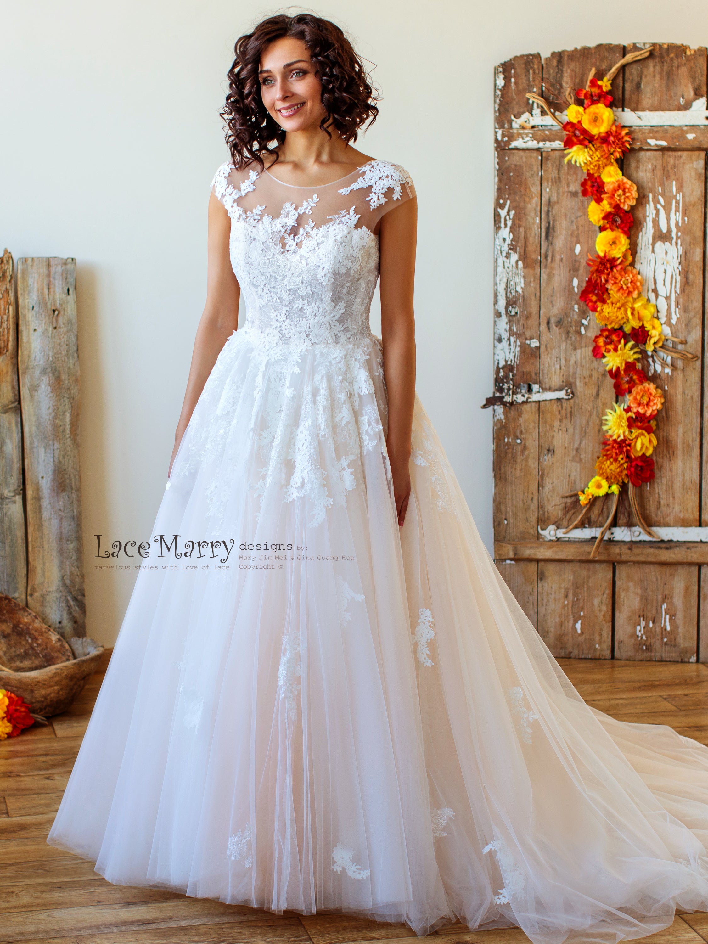 strapless open back dress Princess Lace Wedding Dress with Ivory Floral Appliqués