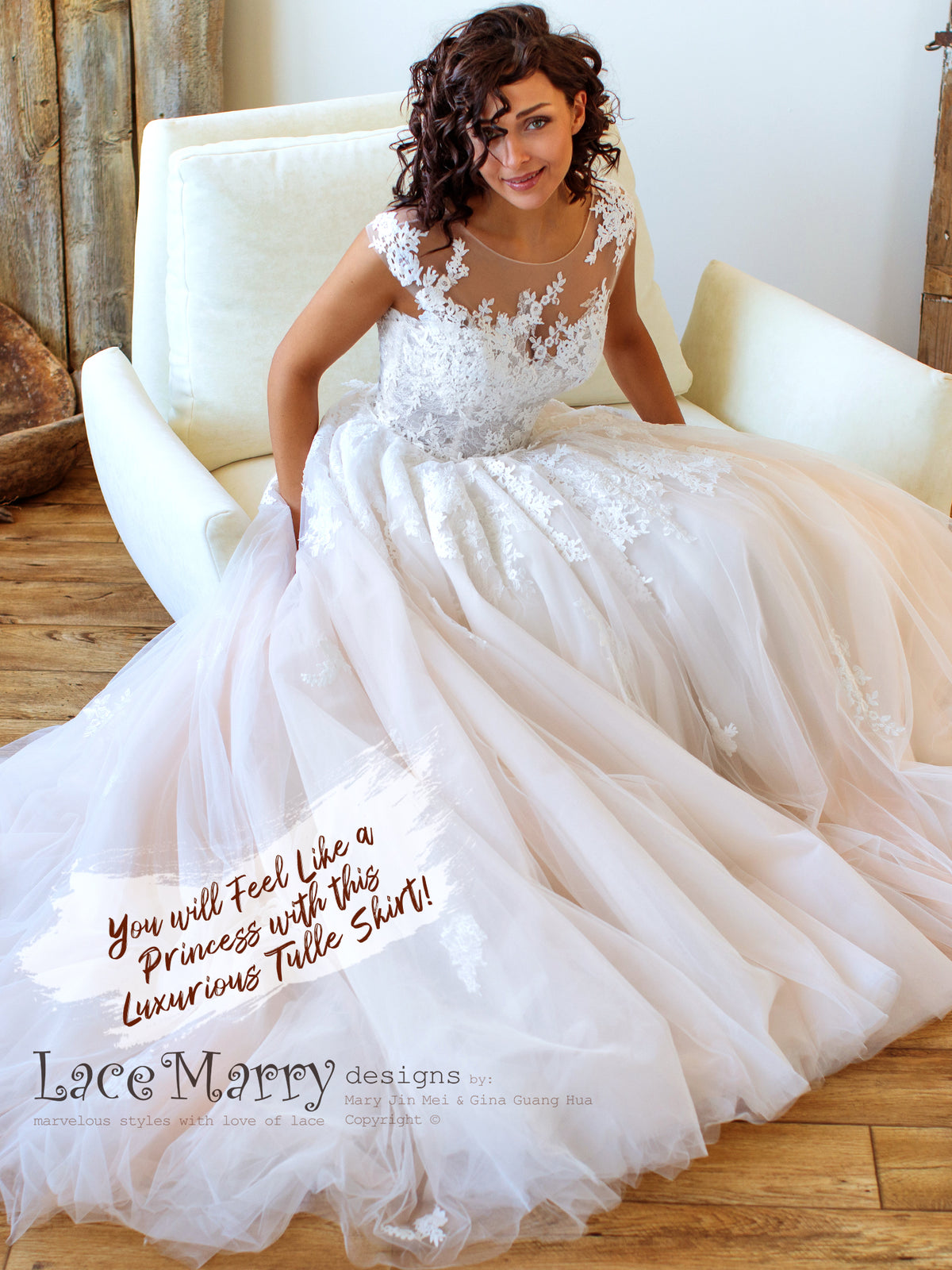 Princess Lace Wedding Dress with Ivory Floral Appliqués - LaceMarry