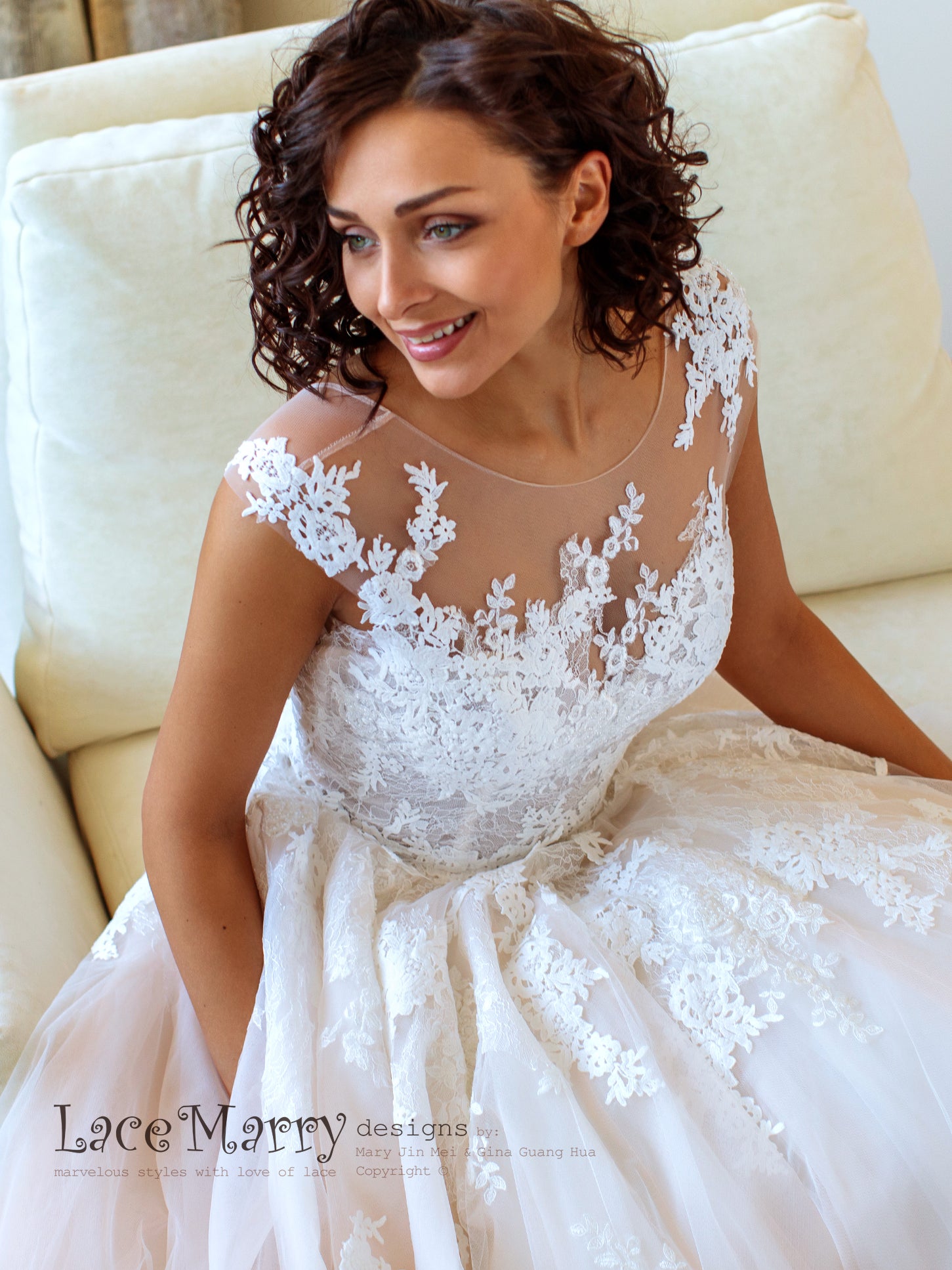 Princess Lace Wedding Dress with Ivory Floral Appliqués - LaceMarry