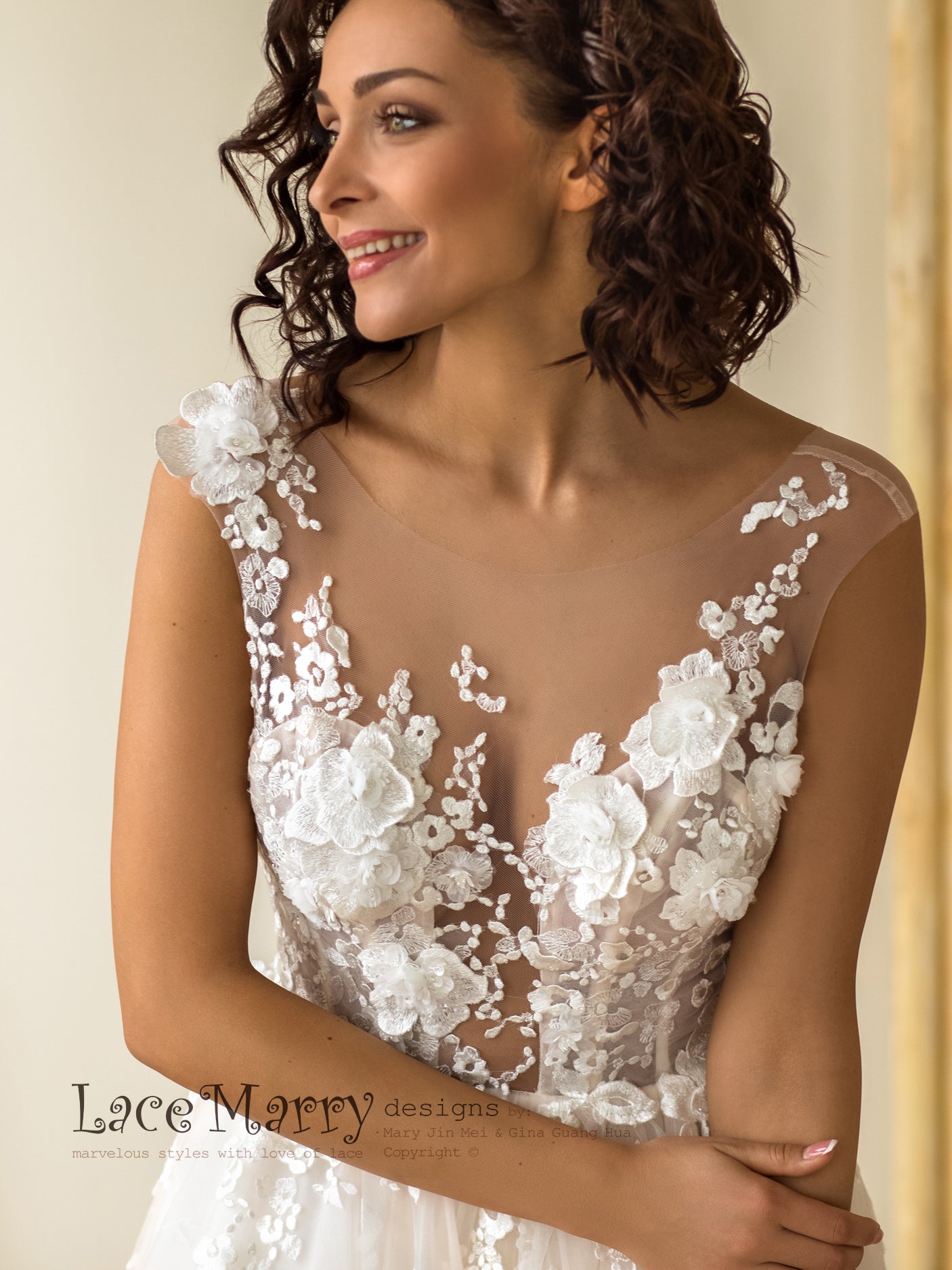3D Flowers Wedding Dress in A-Line Style and with Hand Beading - LaceMarry 3D Flowers Wedding Dress in A-Line Style and with Hand Beading - LaceMarry