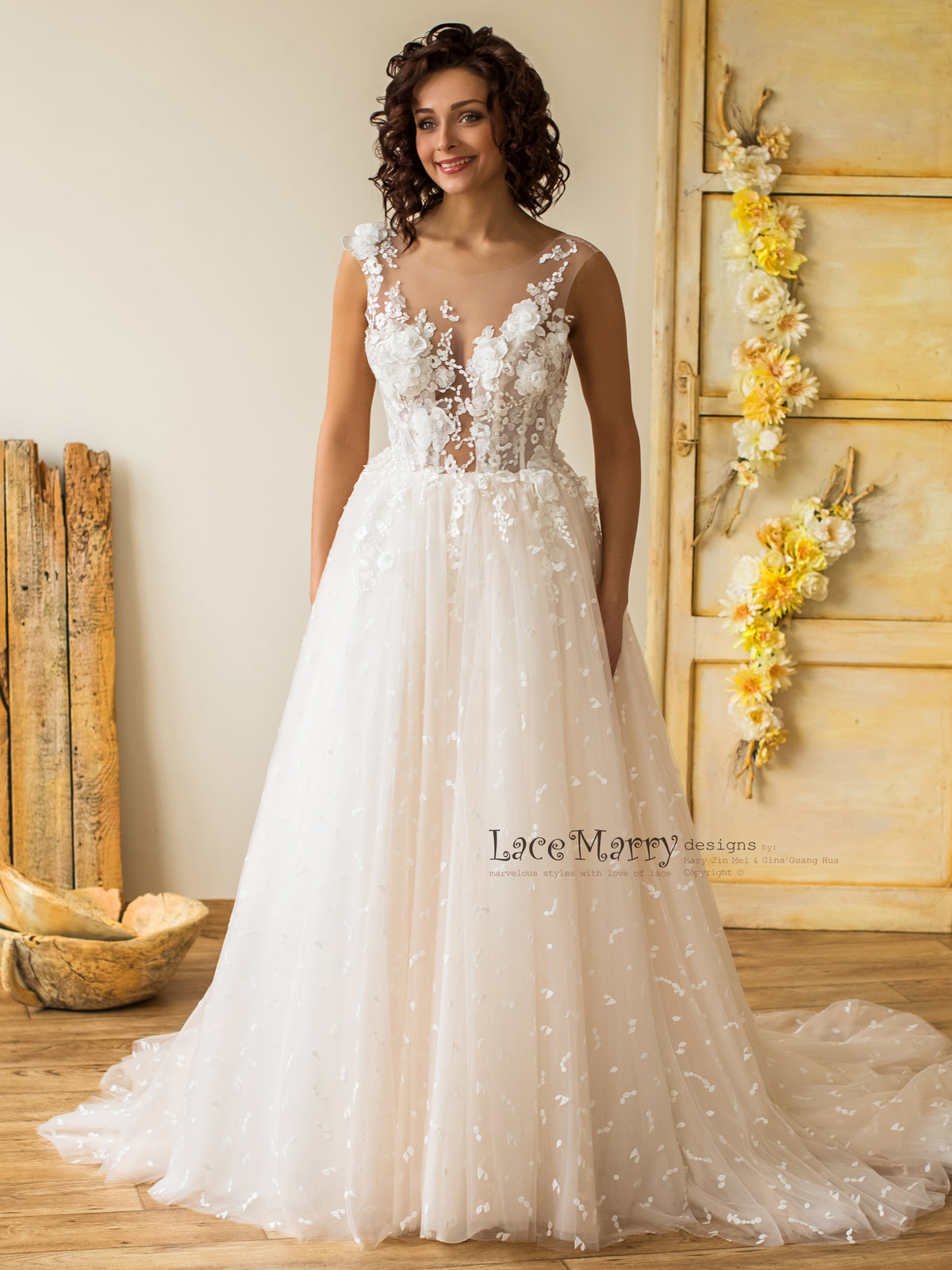 3D Flowers Wedding Dress in A-Line Style and with Hand Beading - LaceMarry 3D Flowers Wedding Dress in A-Line Style and with Hand Beading - LaceMarry