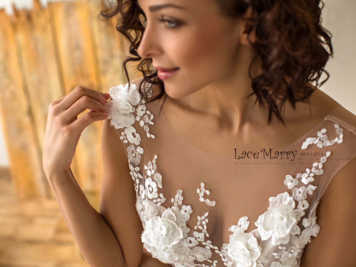 Gorgeous 3D Lace Wedding Dress with Plunge