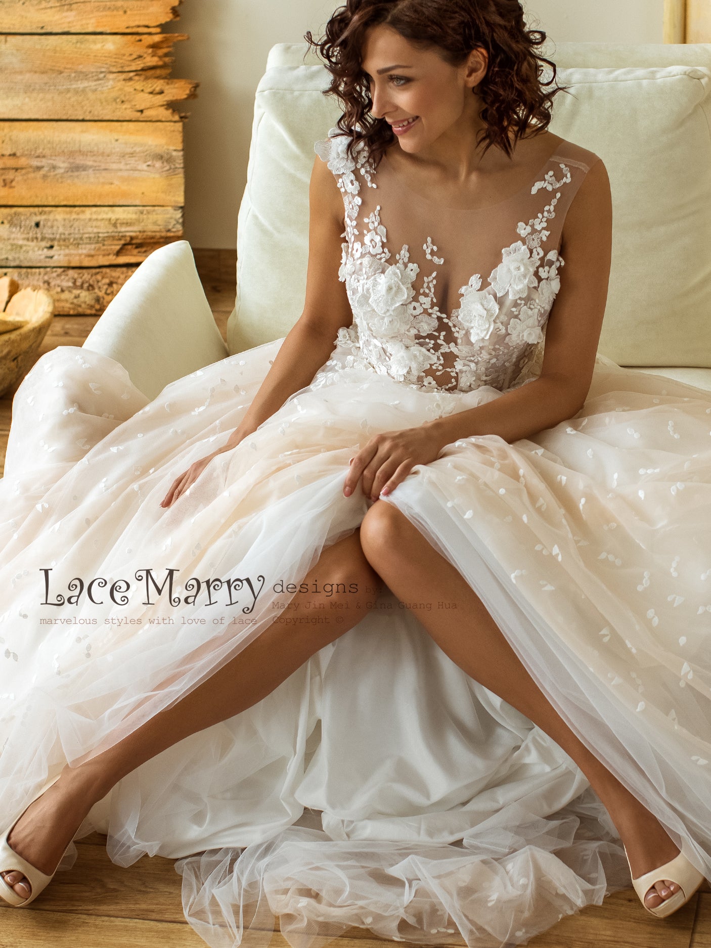 A-line Deep V neck 3D Lace Applique Wedding Dress Long Sleeve