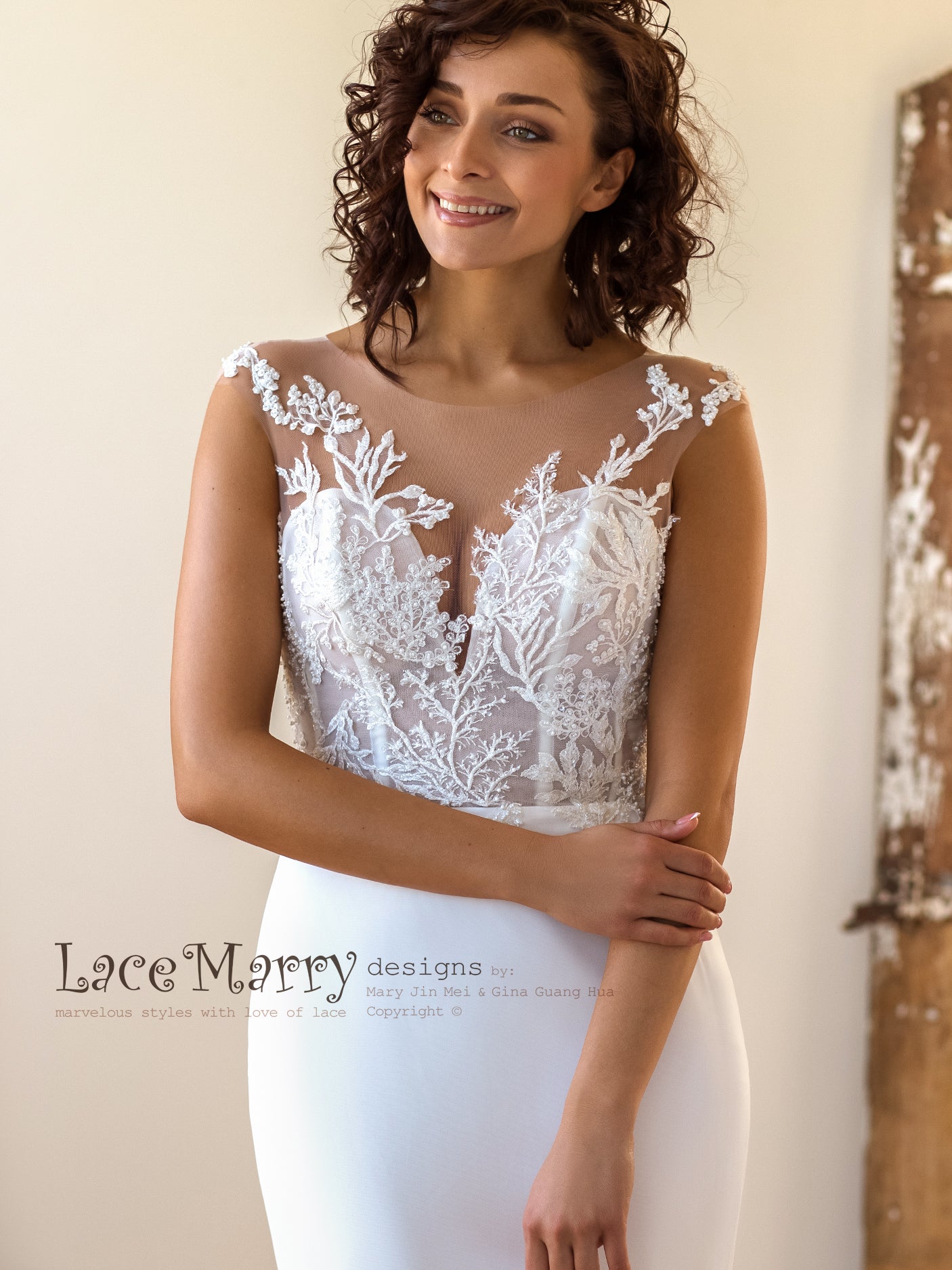 Fitted Wedding Dress with Illusion Neckline