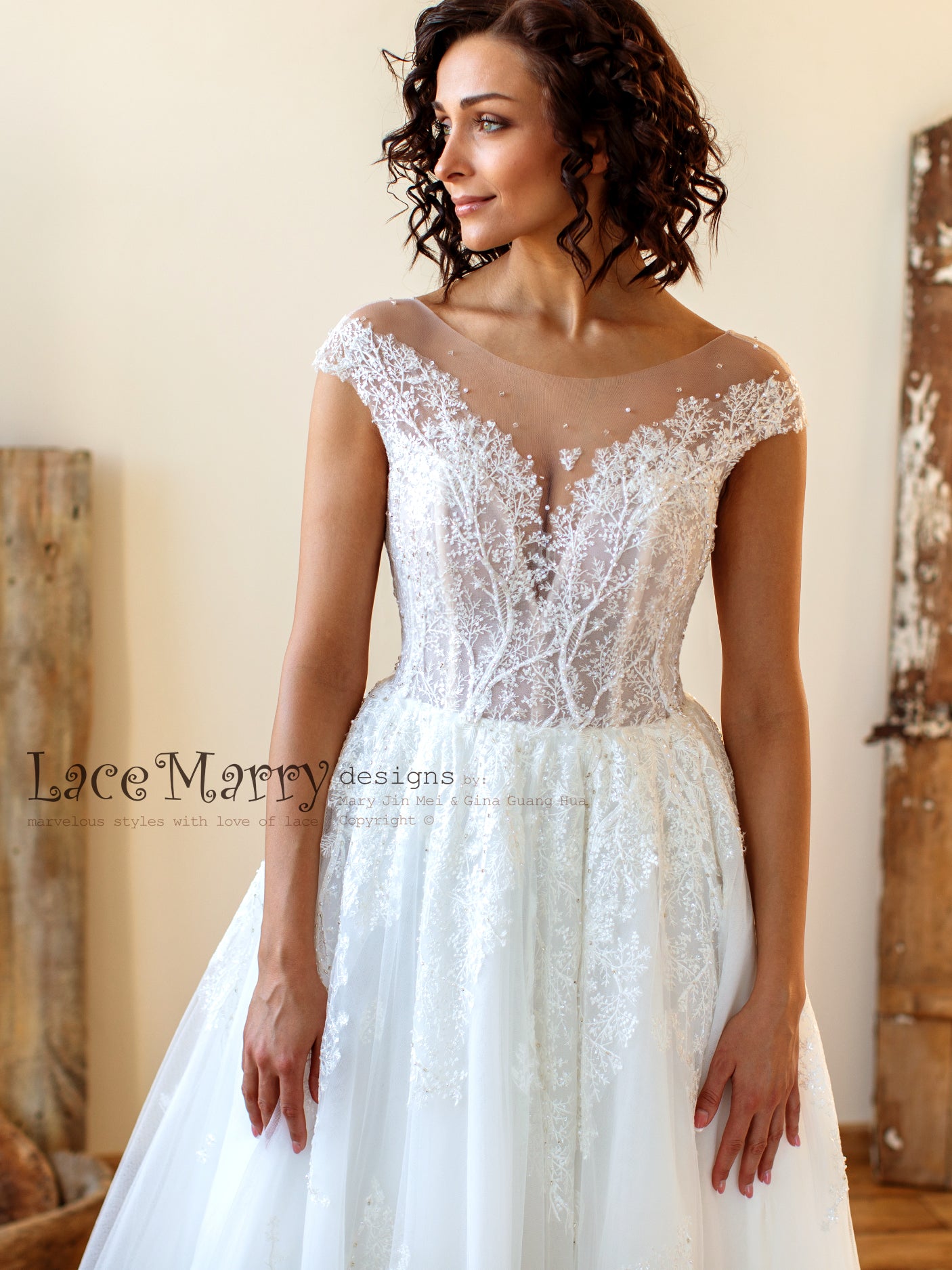 Pretty Illusion Neckline Cap Sleeve Lace Wedding Gown - Xdressy