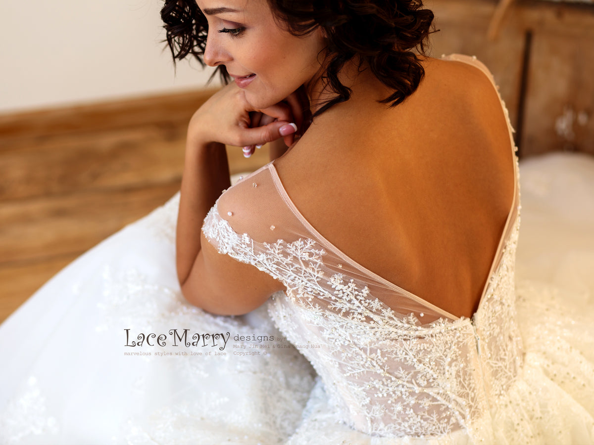 Embroidered Lace Wedding Dress with Illusion Cap Sleeves - LaceMarry Embroidered Lace Wedding Dress with Illusion Cap Sleeves - LaceMarry