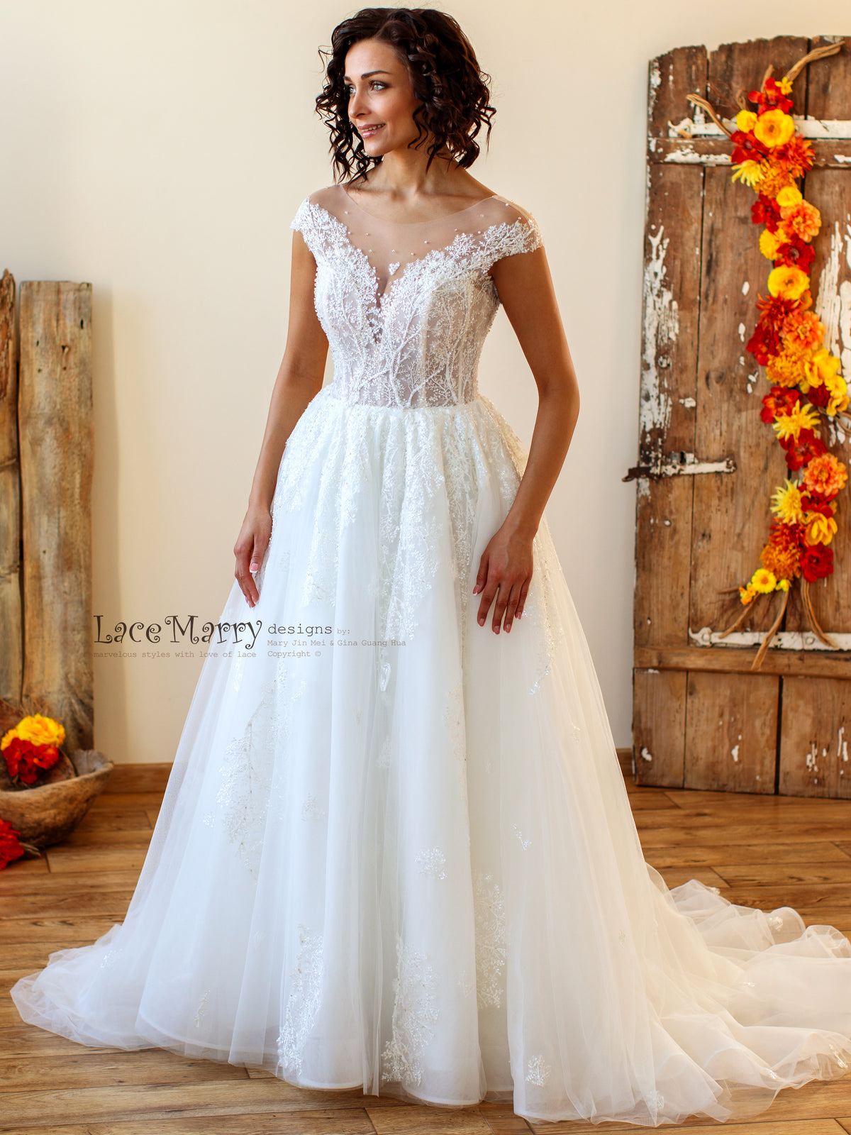 A Line Wedding Dress with Illusion Neckline