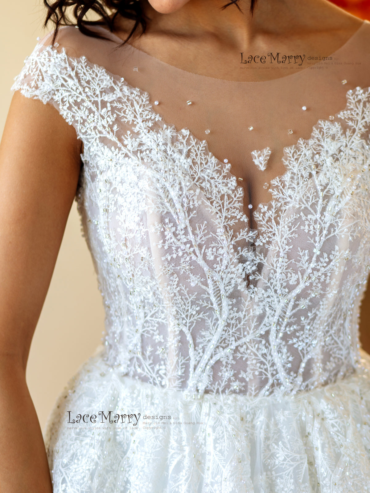 Embroidered Lace Wedding Dress with Illusion Cap Sleeves - LaceMarry Embroidered Lace Wedding Dress with Illusion Cap Sleeves - LaceMarry
